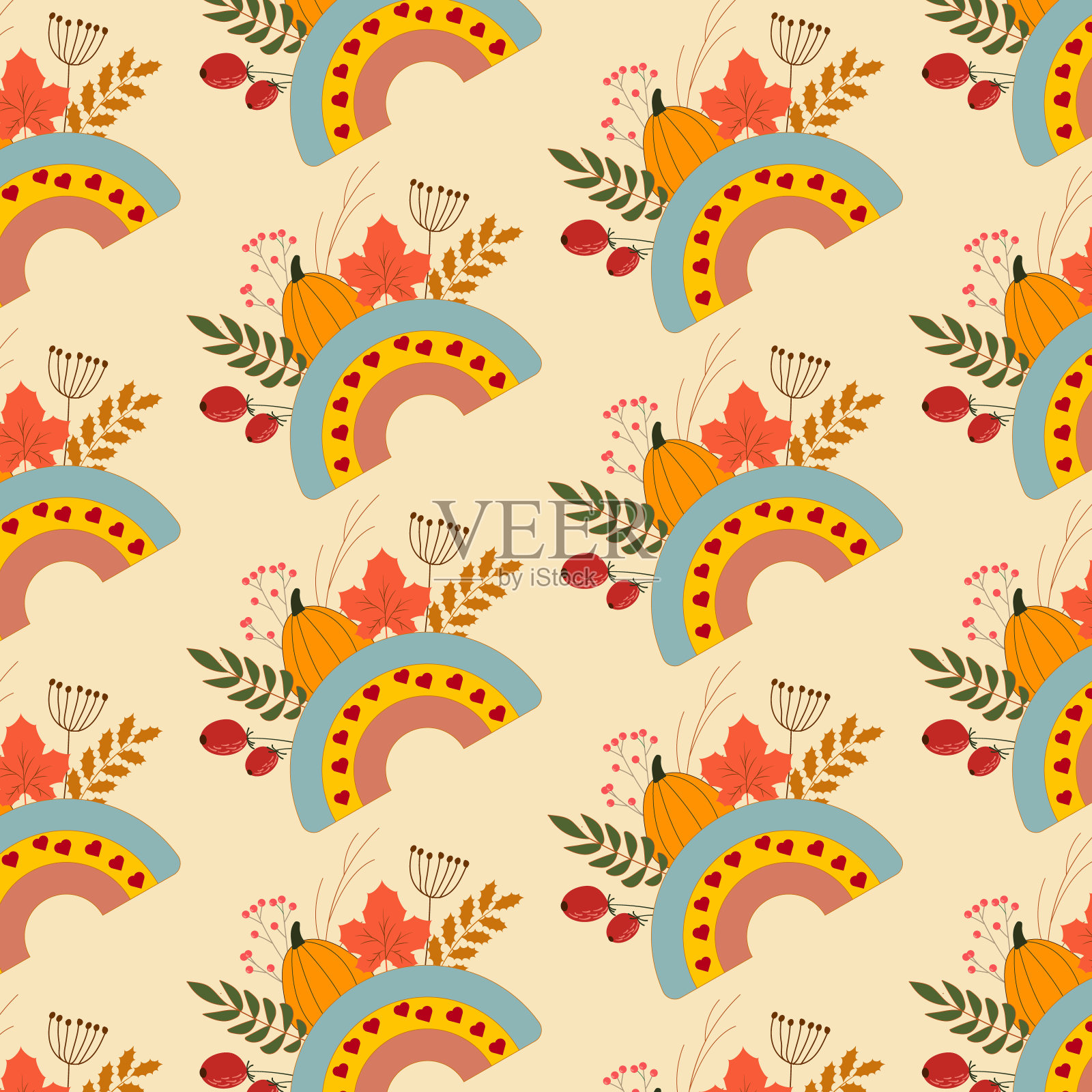 树叶和彩虹的无缝图案。秋季图案用于织物,墙纸,礼品纸。插画图片素材