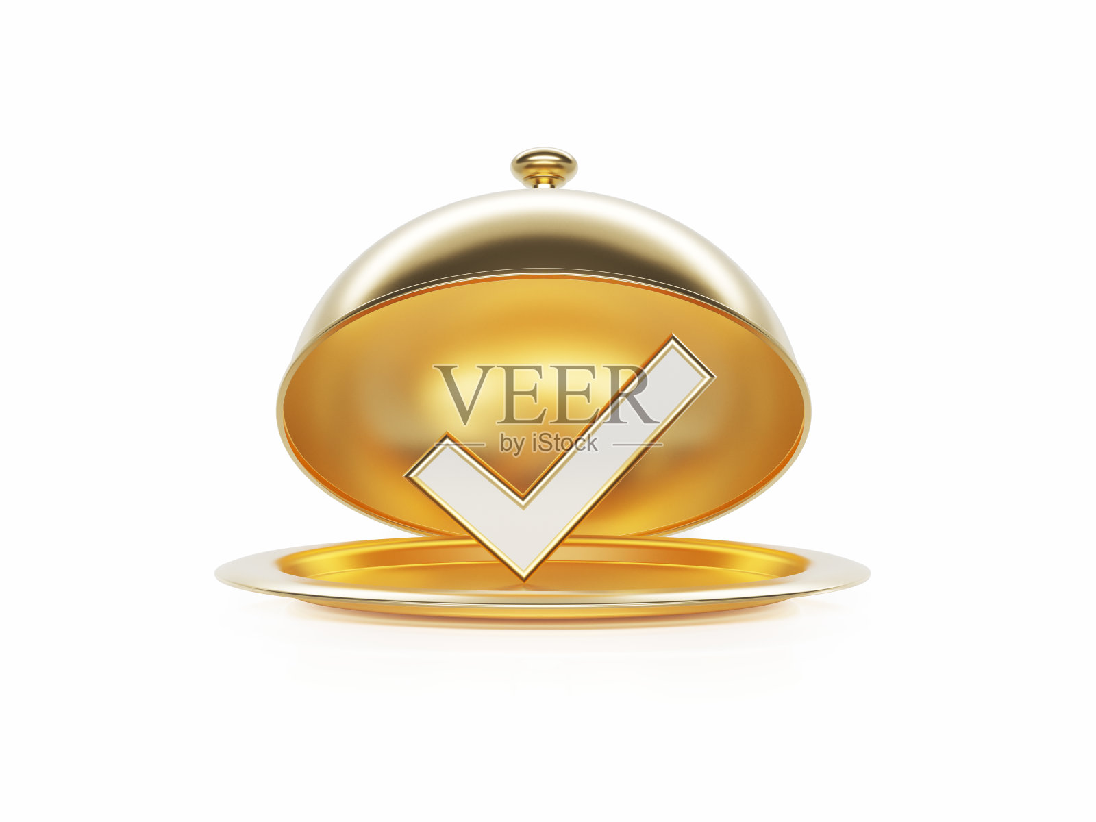 检查标记坐在一个白色背景的金盘里面照片摄影图片