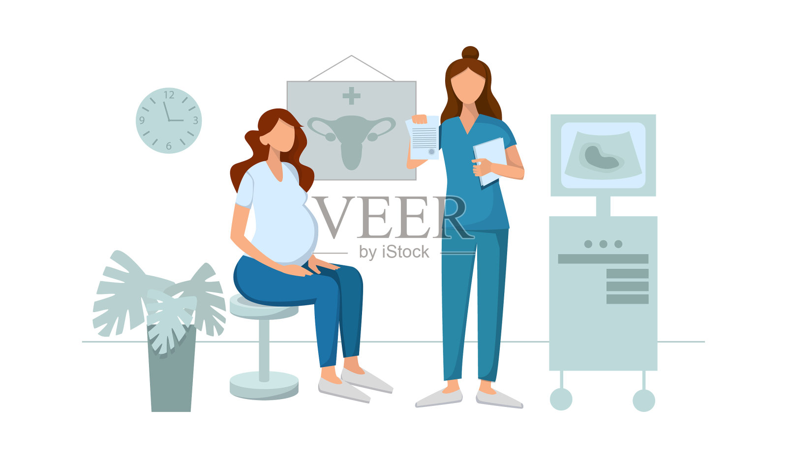 一个怀孕的病人坐在检查台上插画图片素材