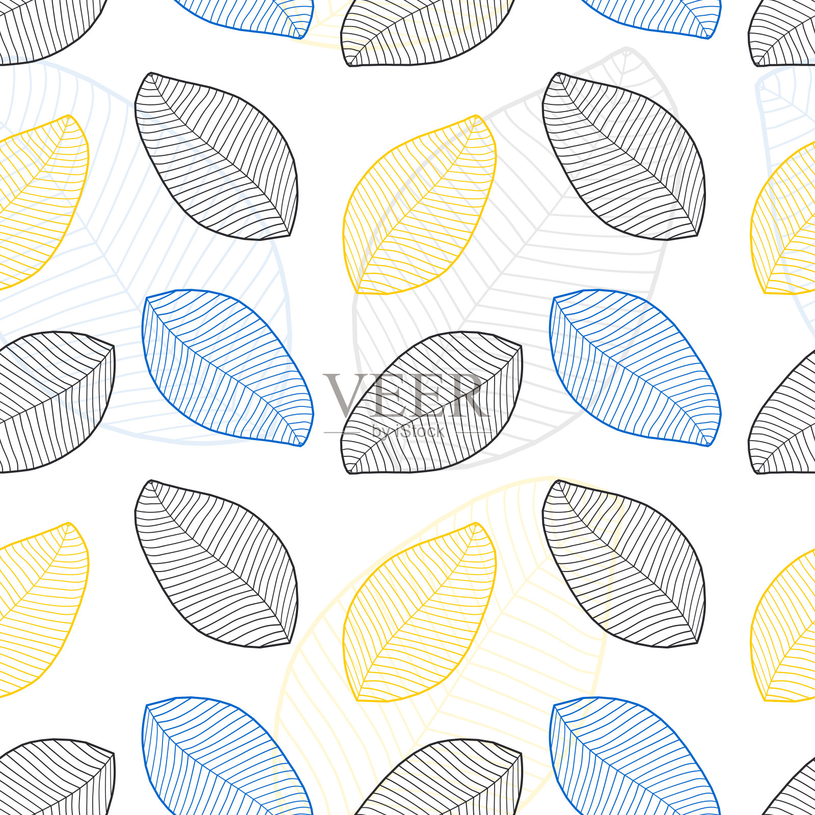 白色背景上飘落的黄色、蓝色和黑色的树叶。无缝时尚秋季图案的织物印花。向量。插画图片素材