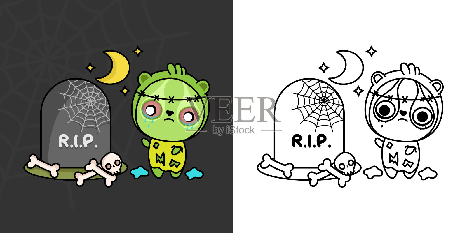 设置剪纸万圣节慢懒猴着色页和彩色插图。剪贴艺术卡哇伊万圣节动物。可爱的矢量插图卡哇伊万圣节动物僵尸服装。插画图片素材