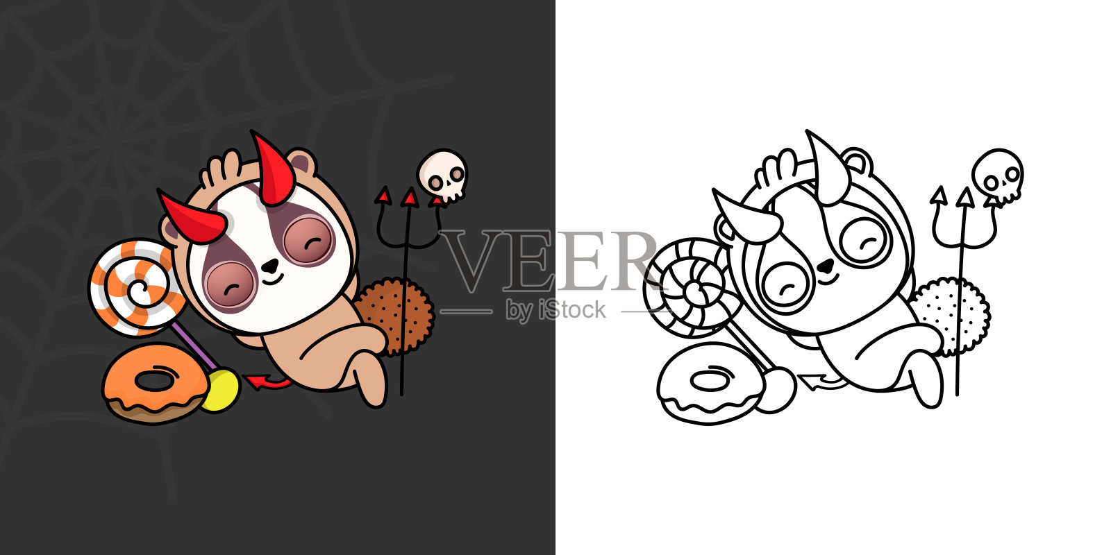 卡哇伊剪纸万圣节慢懒猴插画和着色页。有趣的卡哇伊万圣节动物。可爱的矢量插图卡哇伊万圣节动物在魔鬼服装。设计元素图片