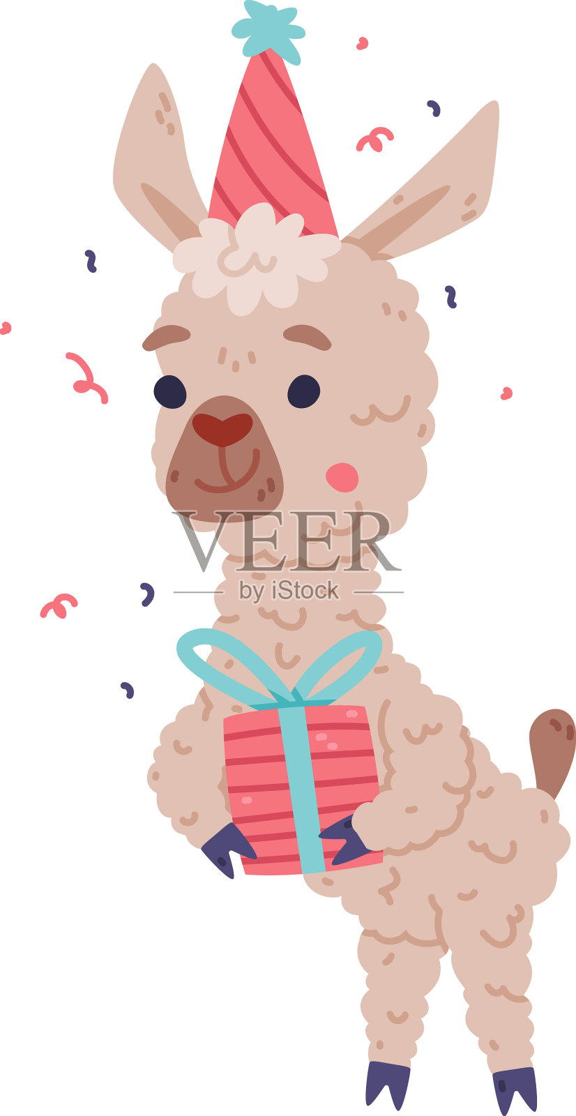 可爱的小美洲驼在派对帽子拿着礼品盒插画图片素材