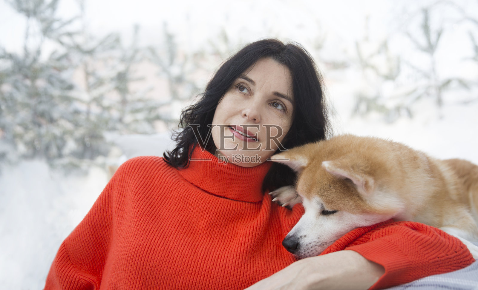 一名中年妇女带着狗狗在冬季度假时在豪华野营屋休息和消磨时间。新年快乐的概念。照片摄影图片