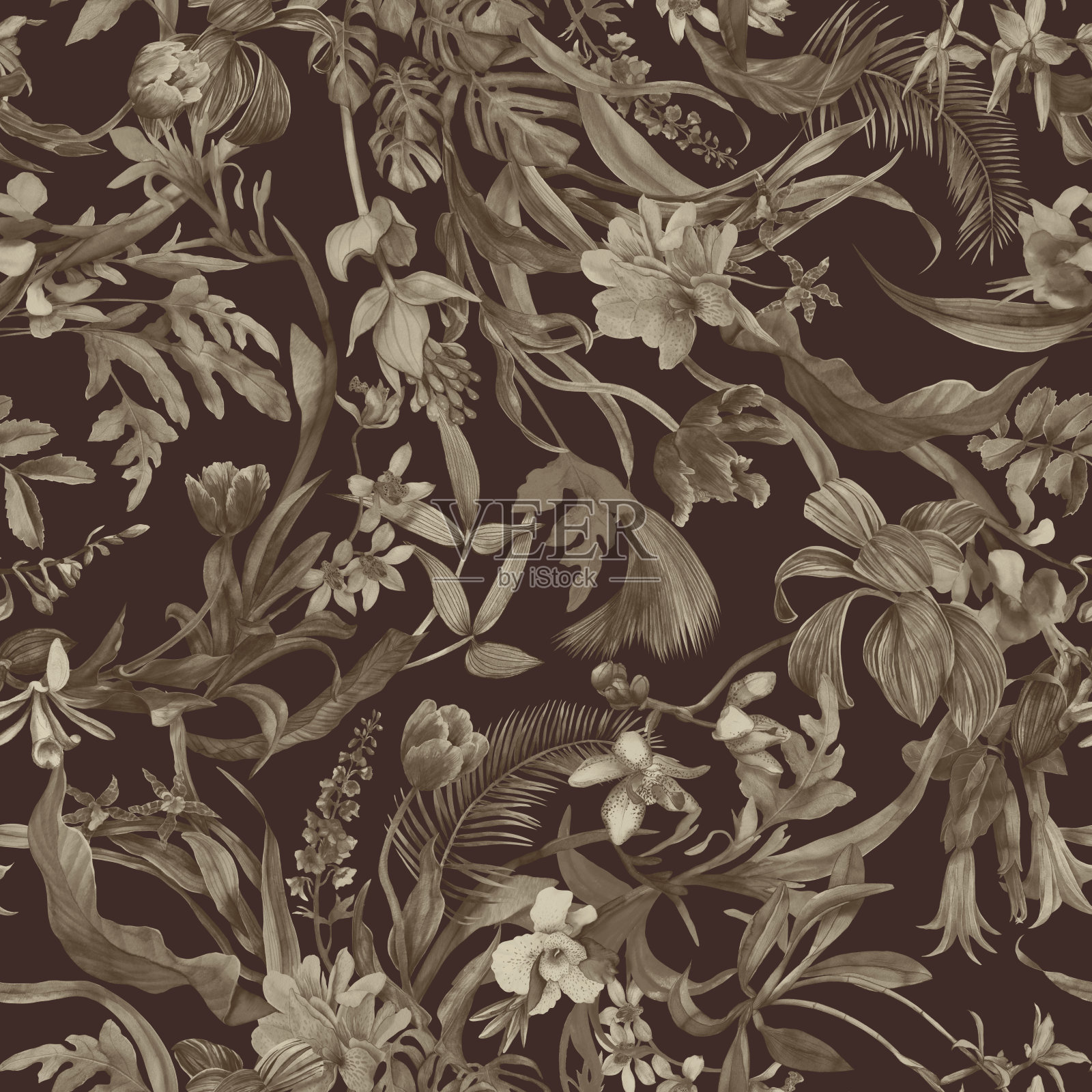 热带无缝水彩图案与异国情调的花朵和树叶。植物壁纸与热带植物插画图片素材