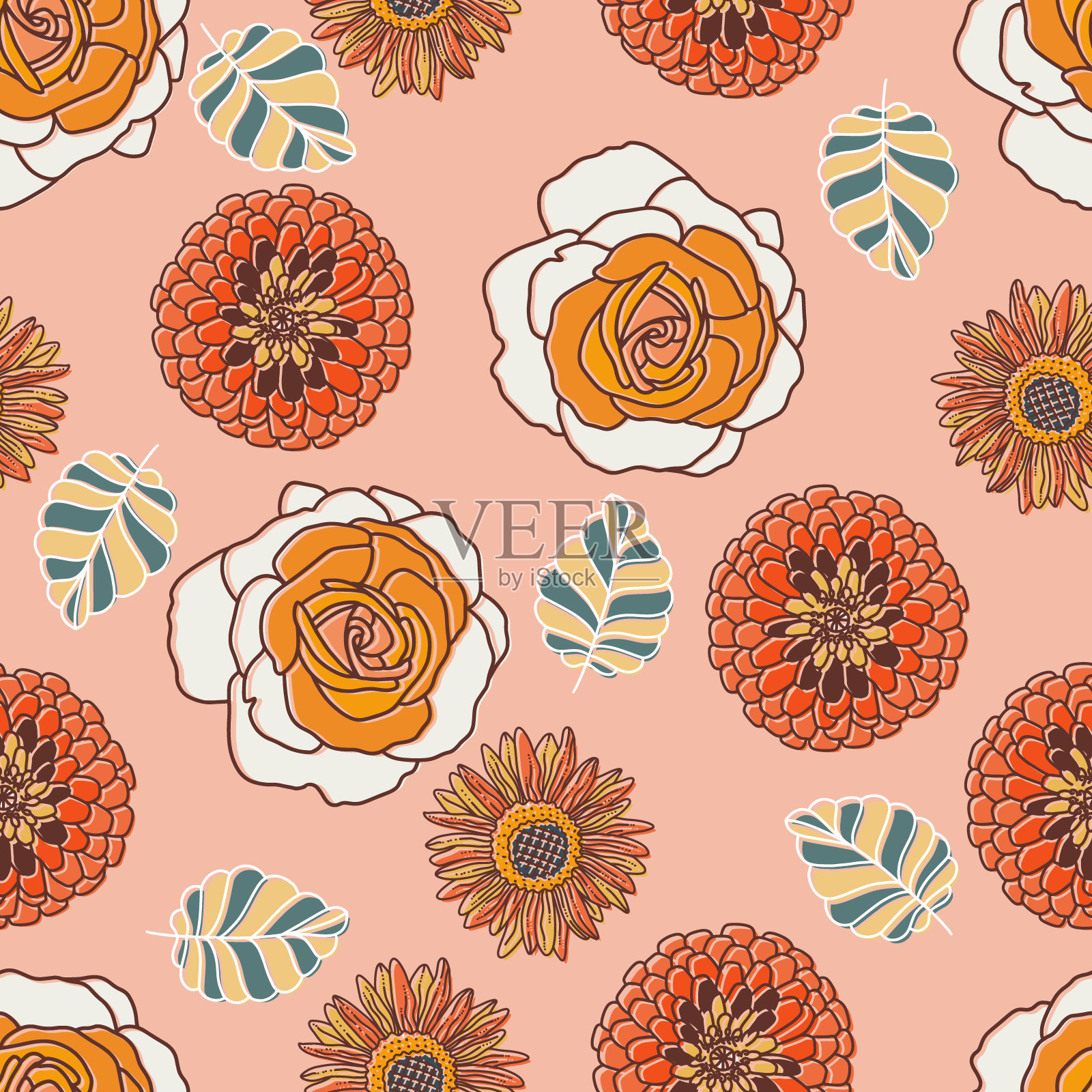 复古玫瑰花矢量无缝图案插画图片素材