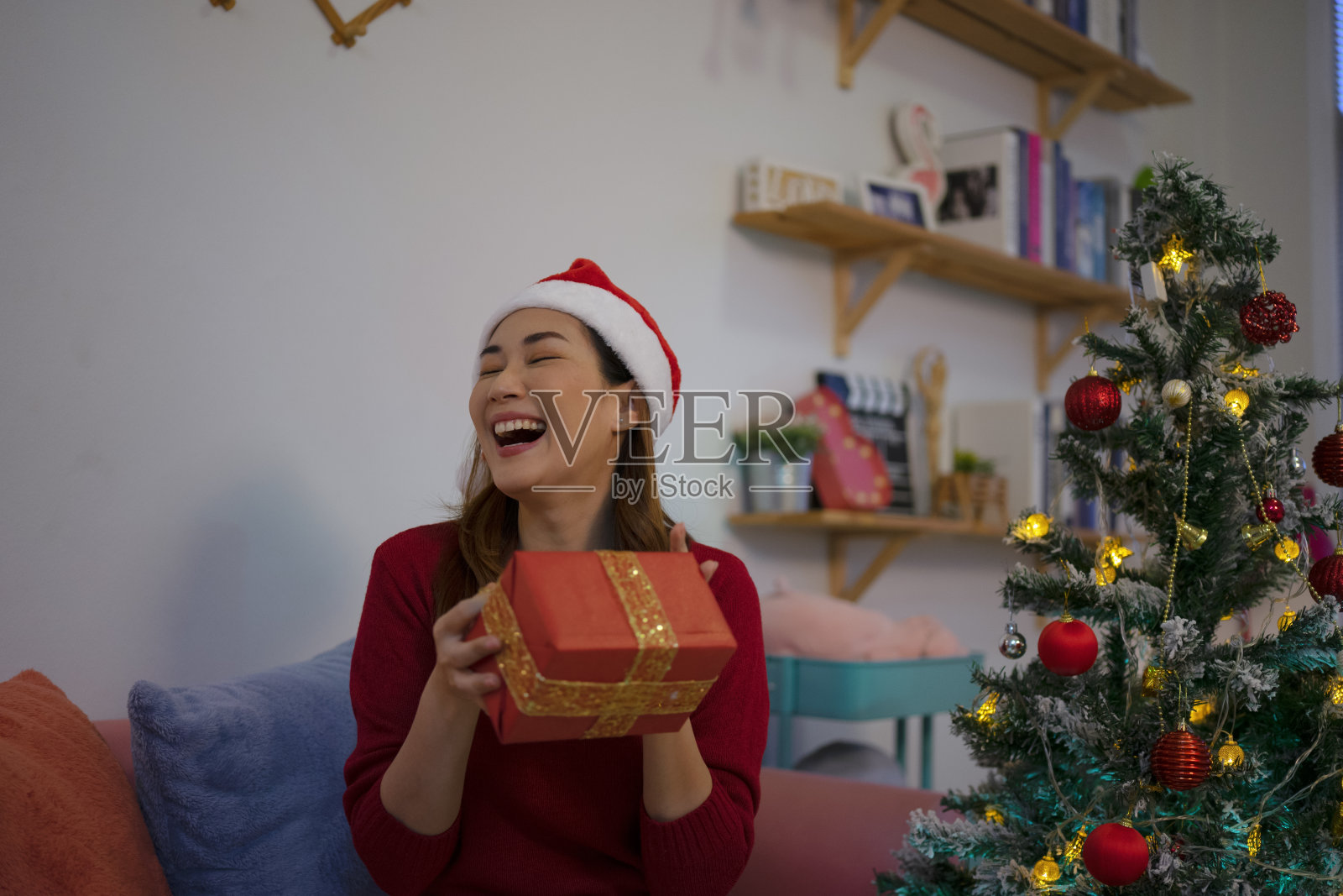 女士正在家里庆祝圣诞活动。照片摄影图片