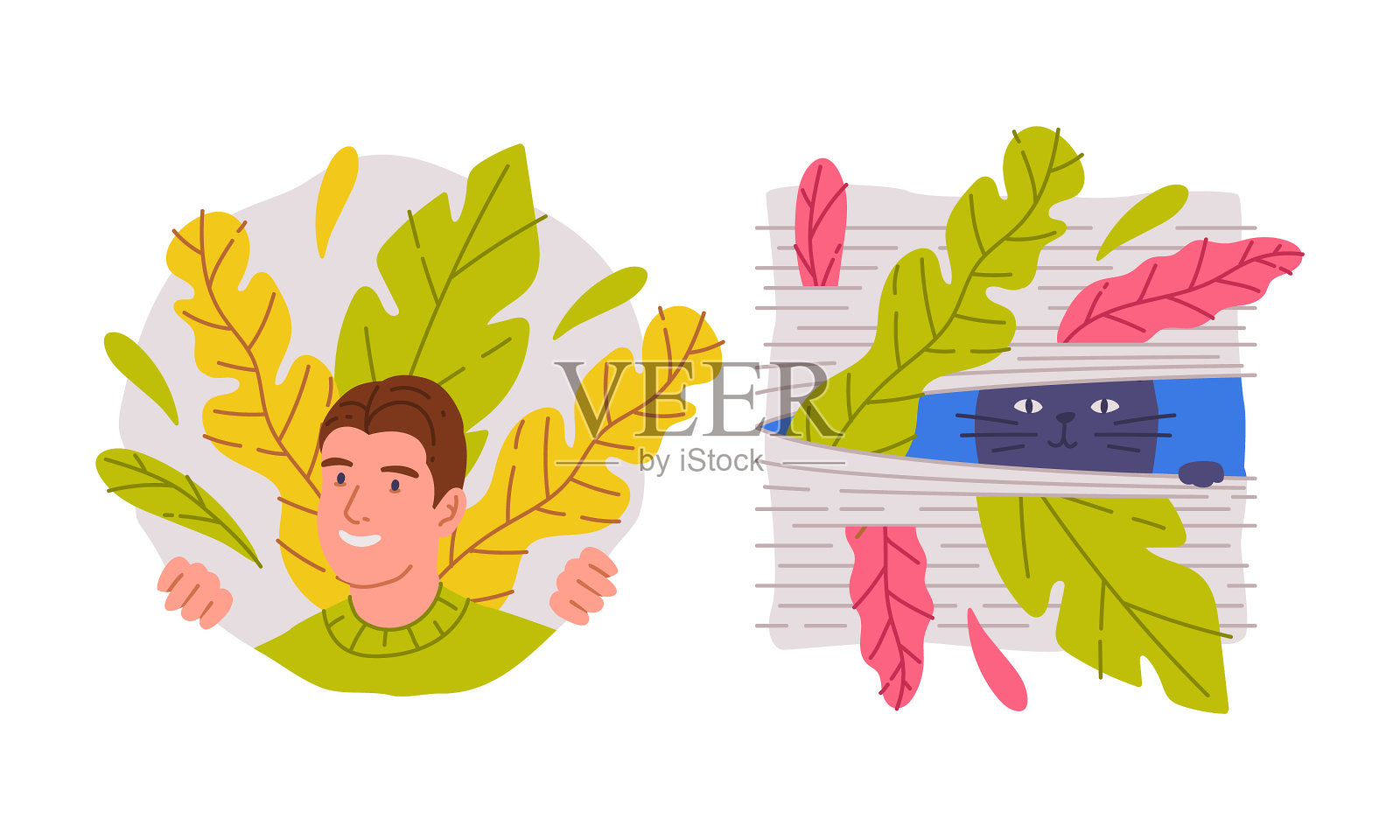 微笑的年轻人偷看灌木丛的猫看设计元素图片