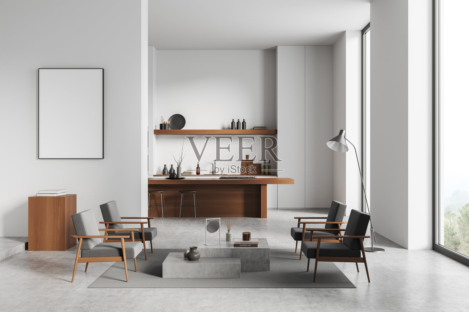 工作室内部设有放松区和烹饪空间,窗户和模型框架照片摄影图片