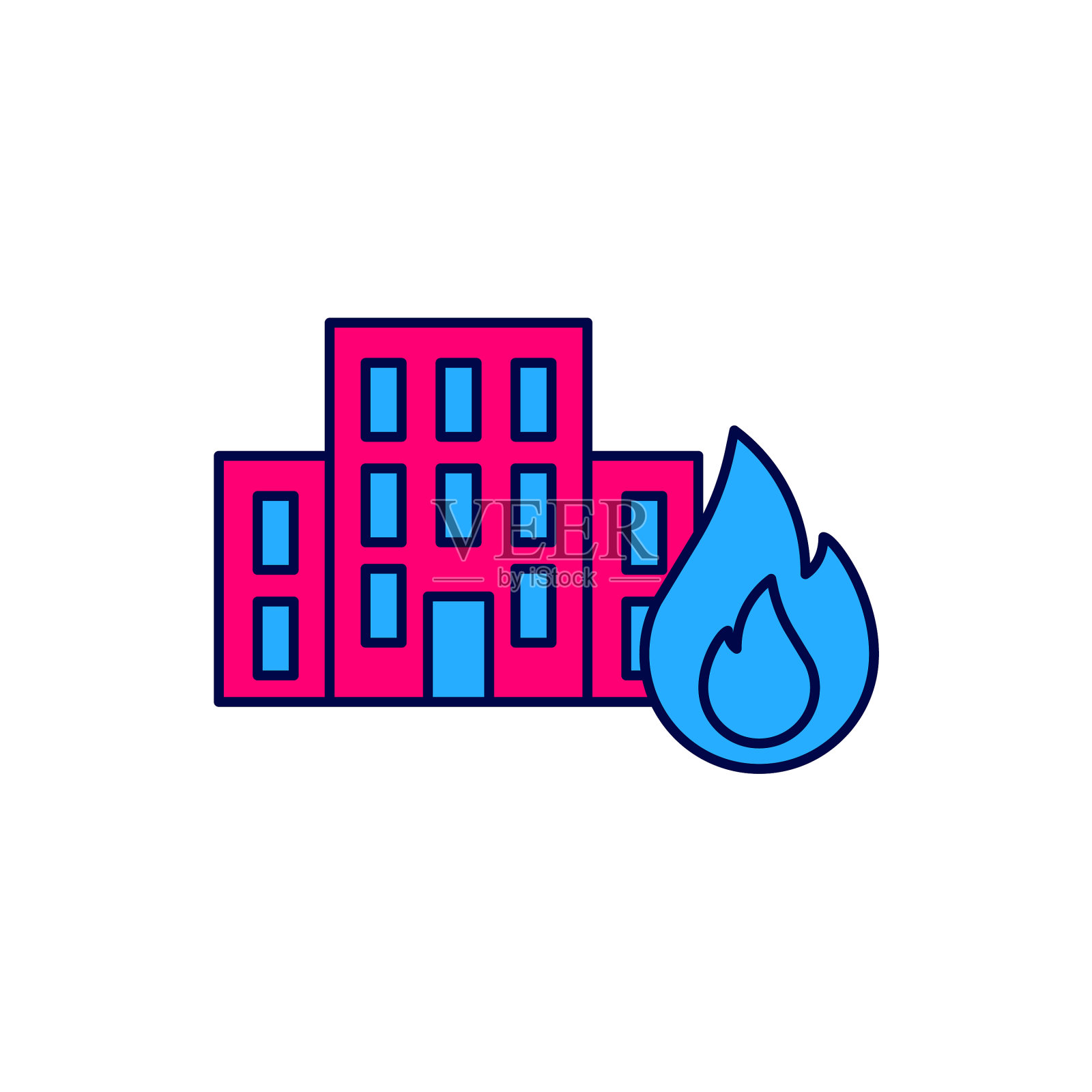 在城市上燃烧的建筑物中填充轮廓火插画图片素材