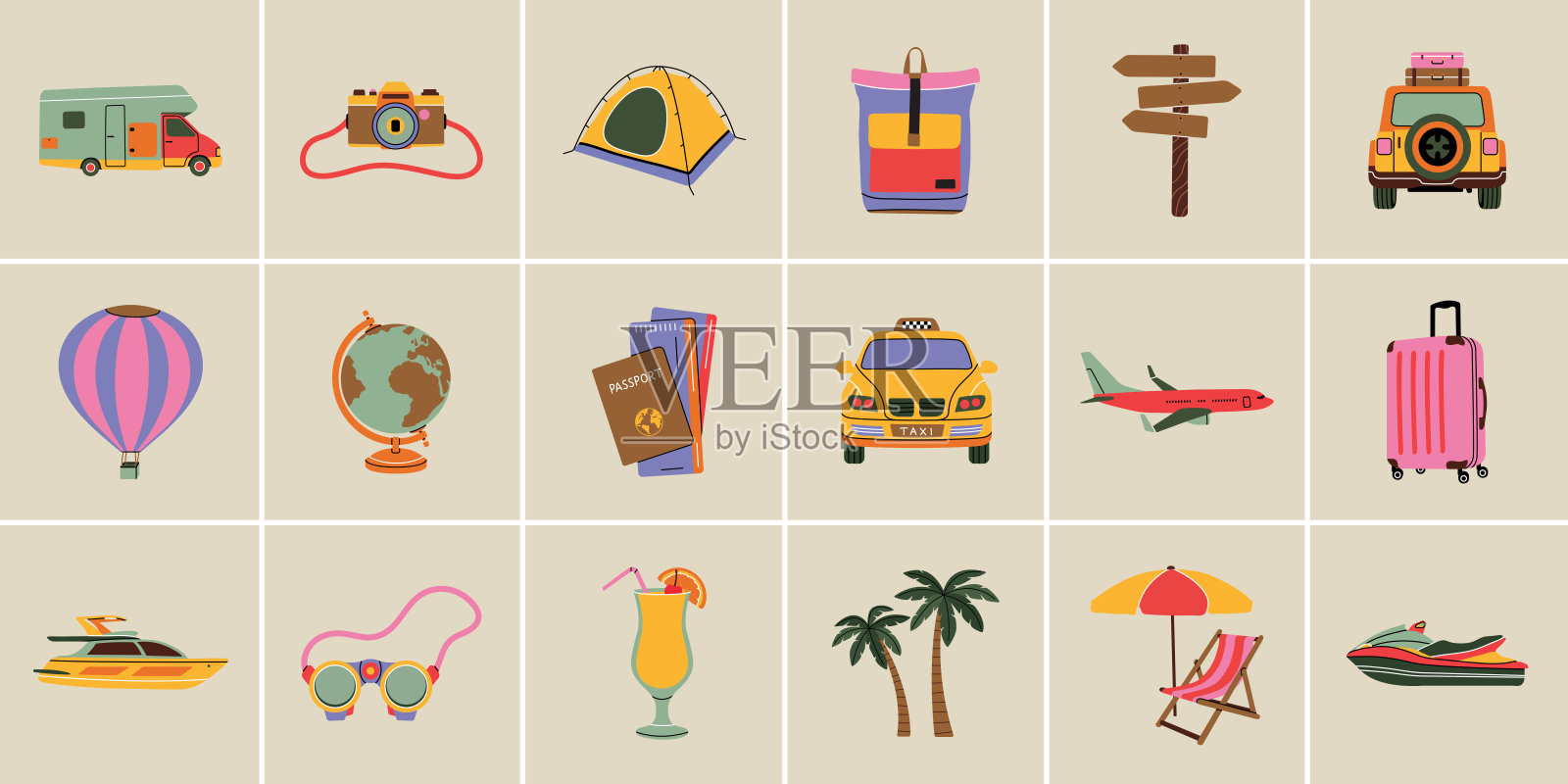 一套现代平线风格的旅行元素。手绘矢量插图的休闲,度假,航行,自驾游,旅游,露营,假日卡通设计。复古节日徽章徽章徽章图标素材