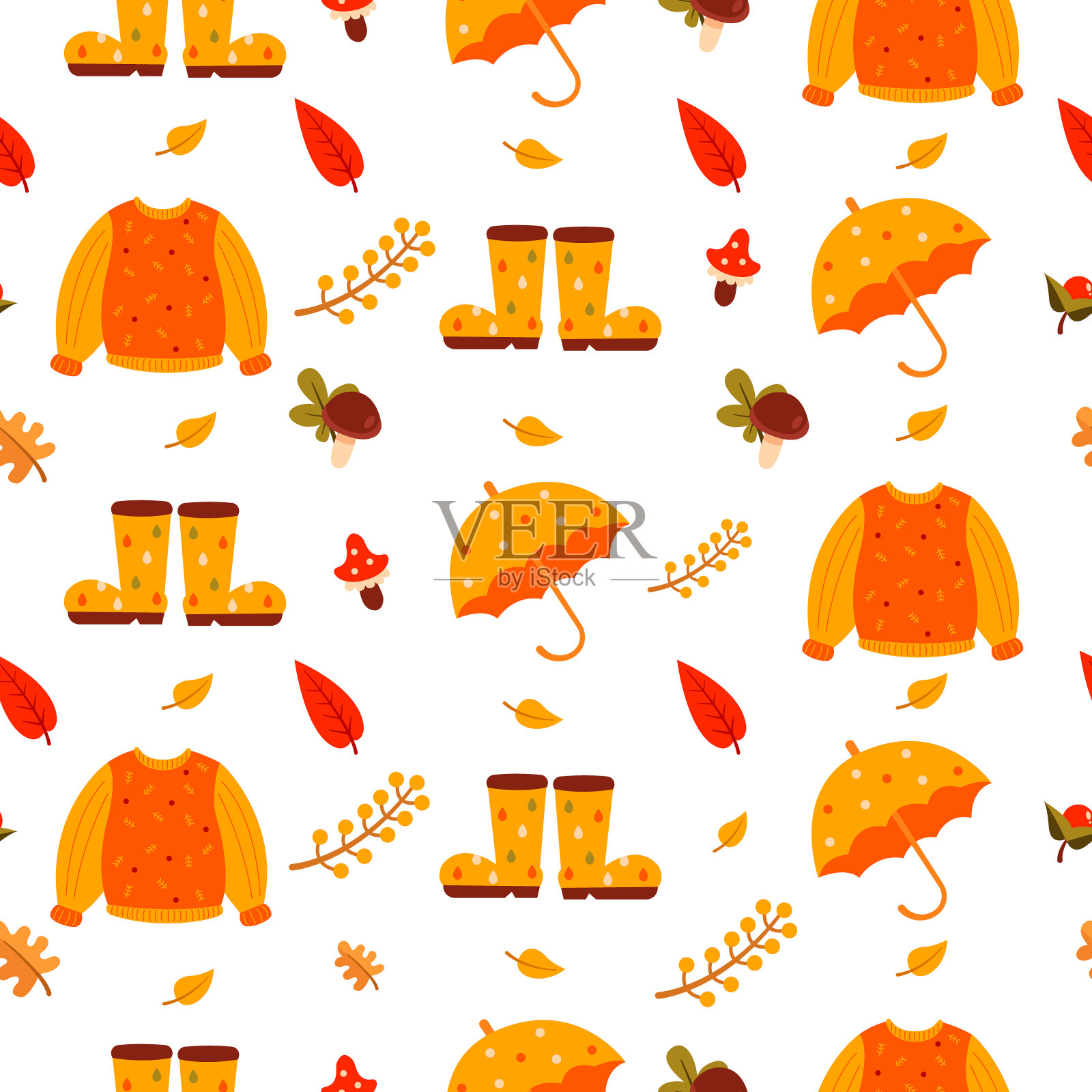 可爱的秋天图案,白色背景的雨伞,毛衣和胶靴。矢量插图。插画图片素材