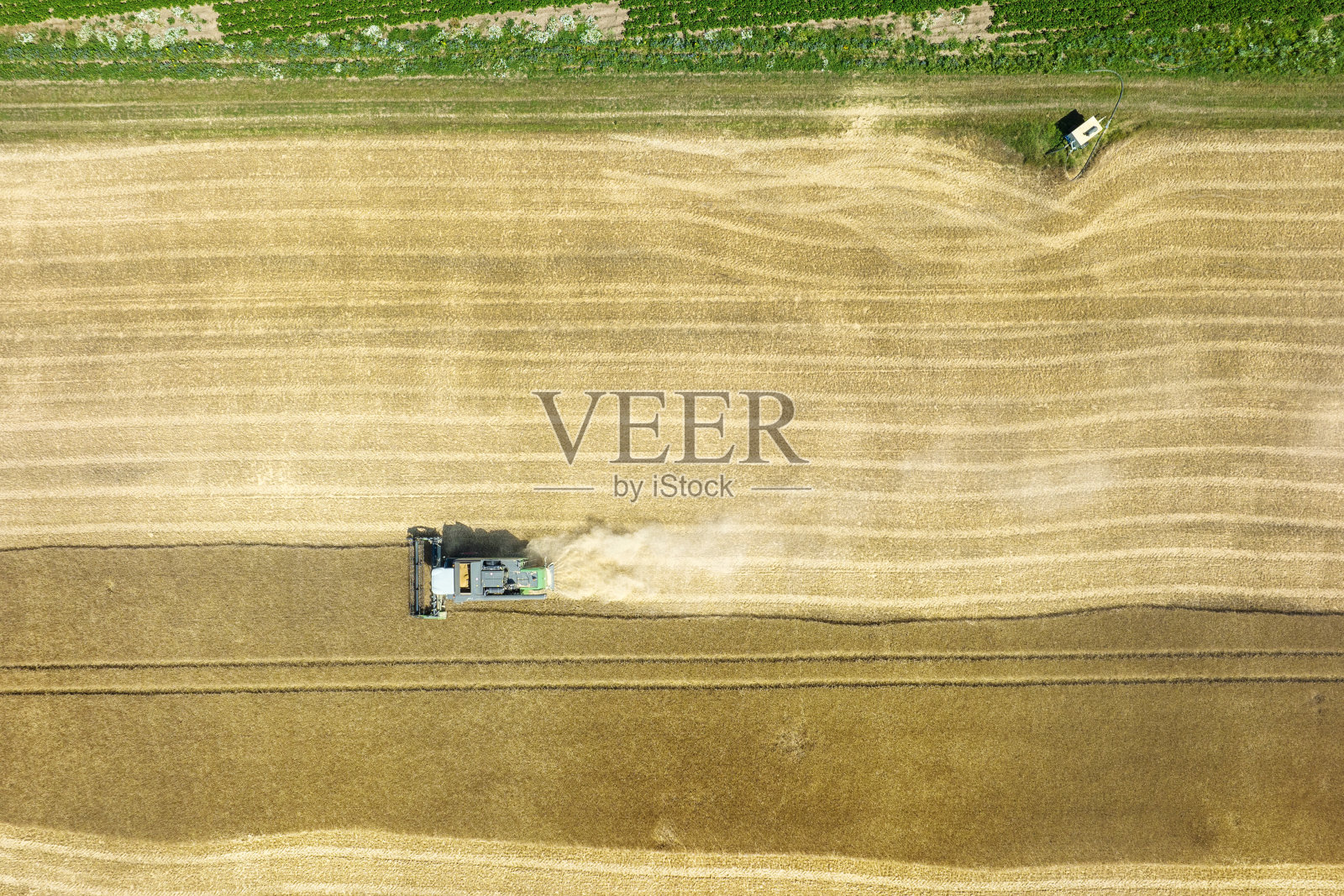 小麦田收割,尘土飞扬 - 鸟瞰图照片摄影图片
