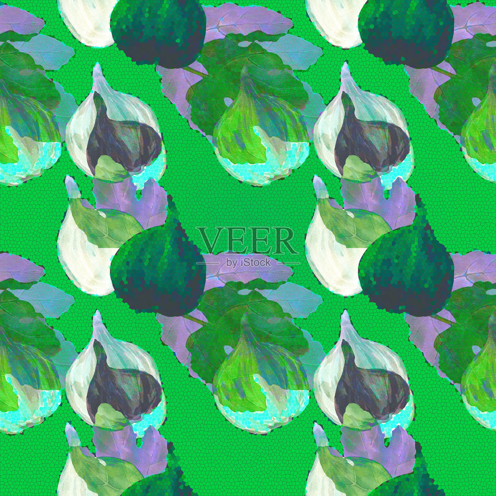 现代背景的紫色无花果水果和叶子在翠绿色的背景。无缝模式与水果剪影在霓虹灯的颜色插画图片素材