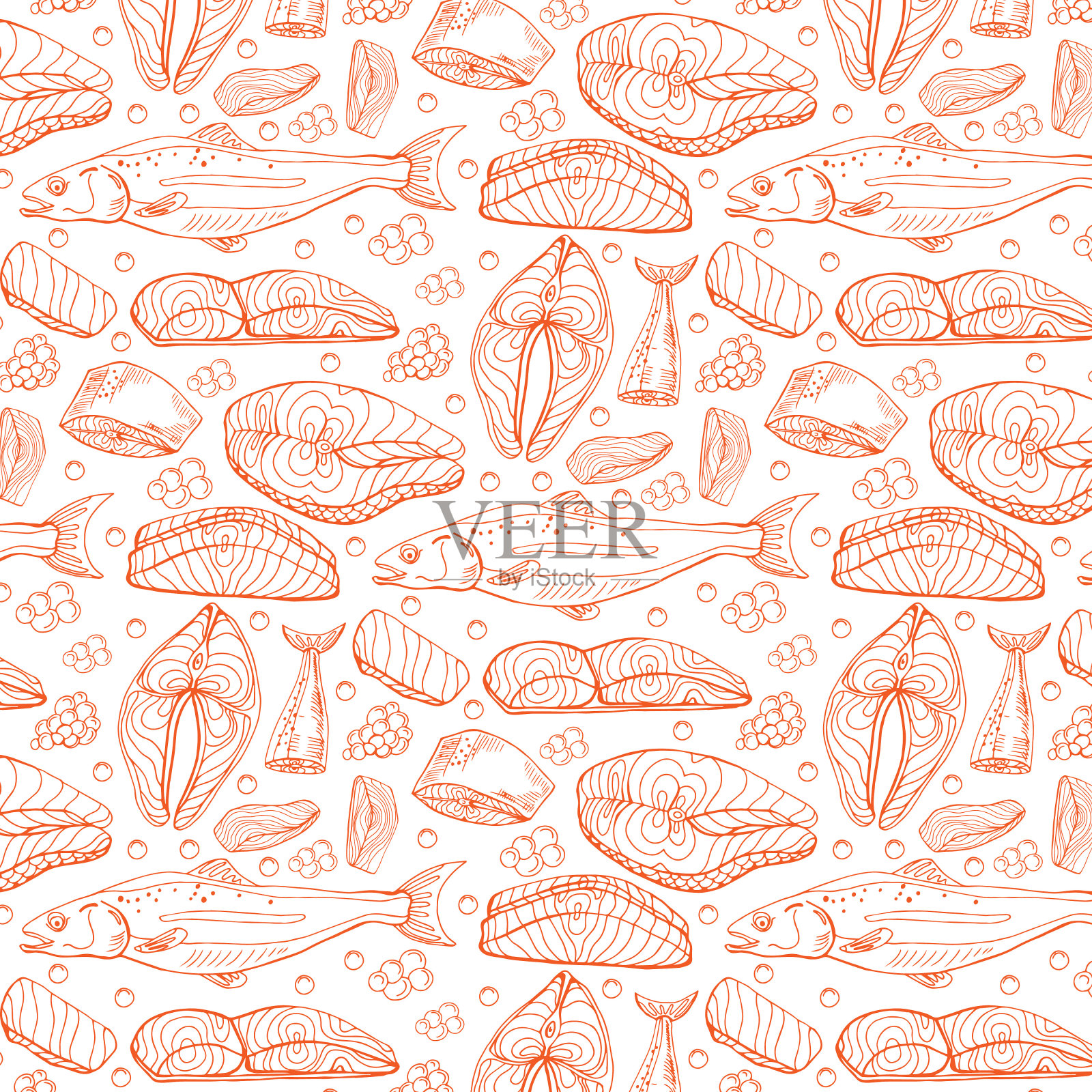 鱼三文鱼牛排无缝模式。彩色三文鱼牛排背景。新鲜鳟鱼手绘图案插画图片素材