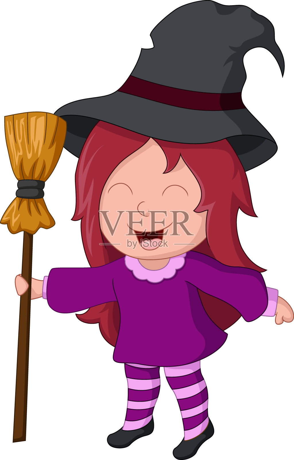 可爱的小女巫拿着扫帚插画图片素材