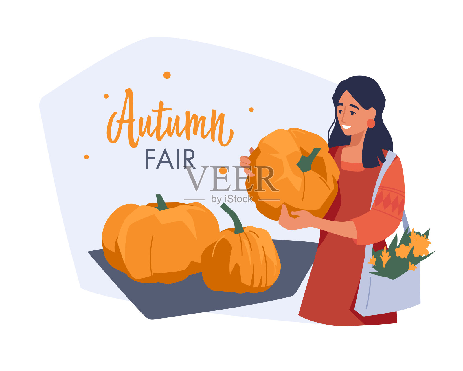 秋季集市:手持南瓜的女人插画图片素材