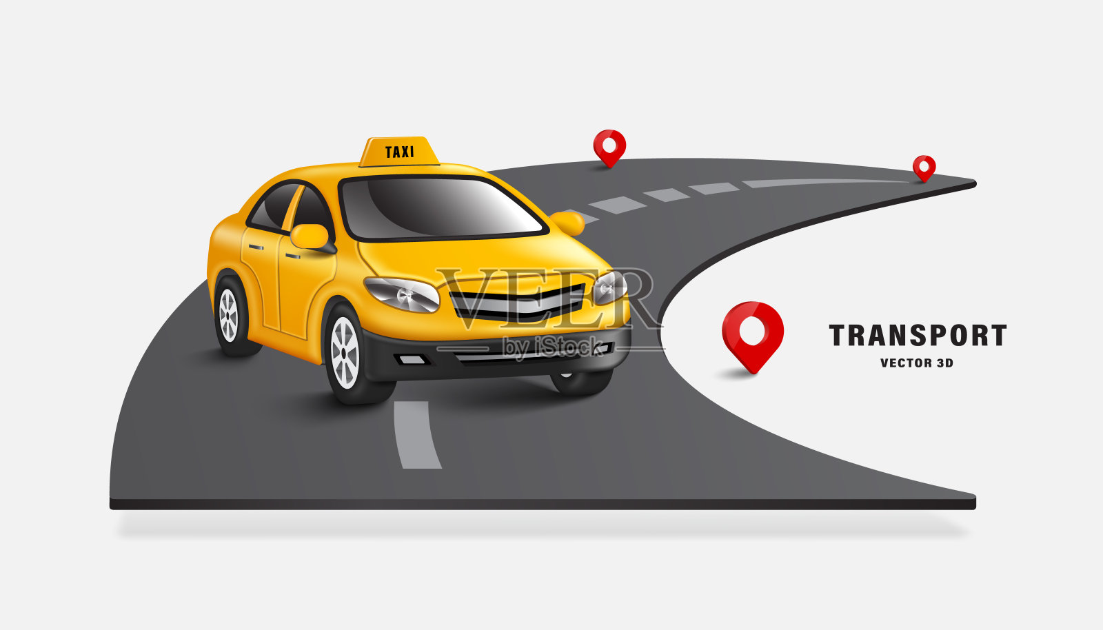 黄色出租车停在弯曲的道路上,在许多地方有运送顾客的大头针插画图片素材