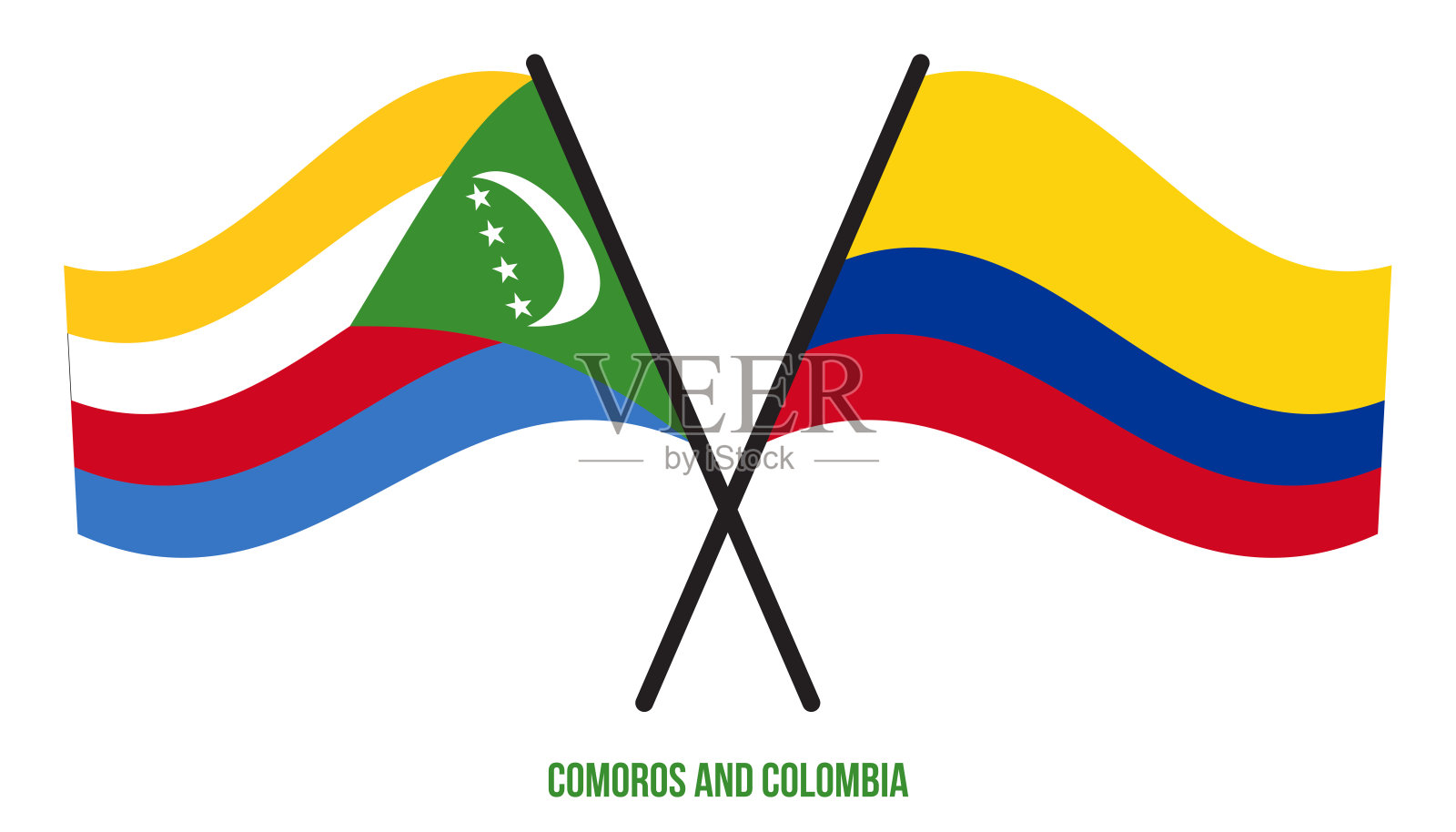 科摩罗和哥伦比亚的国旗交叉,平挥手。官方的比例。正确的颜色。插画图片素材