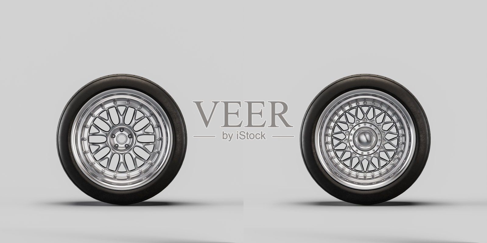 白色背景的汽车轮子。孤立的汽车轮胎与闪亮的轮辋从前面的观点。三维渲染照片摄影图片
