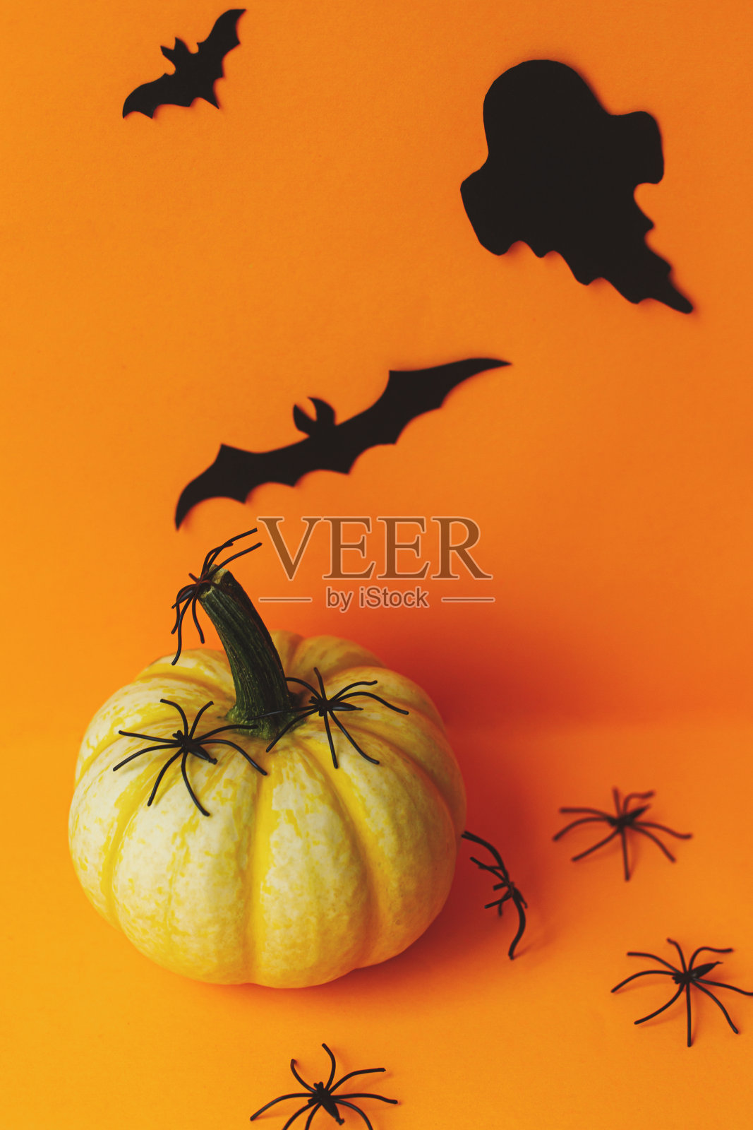万圣节。南瓜上的黑色蜘蛛和幽灵,橙色背景上的蝙蝠装饰。现代万圣节静物画。万圣节快乐!带有文本空格的卡片模板照片摄影图片