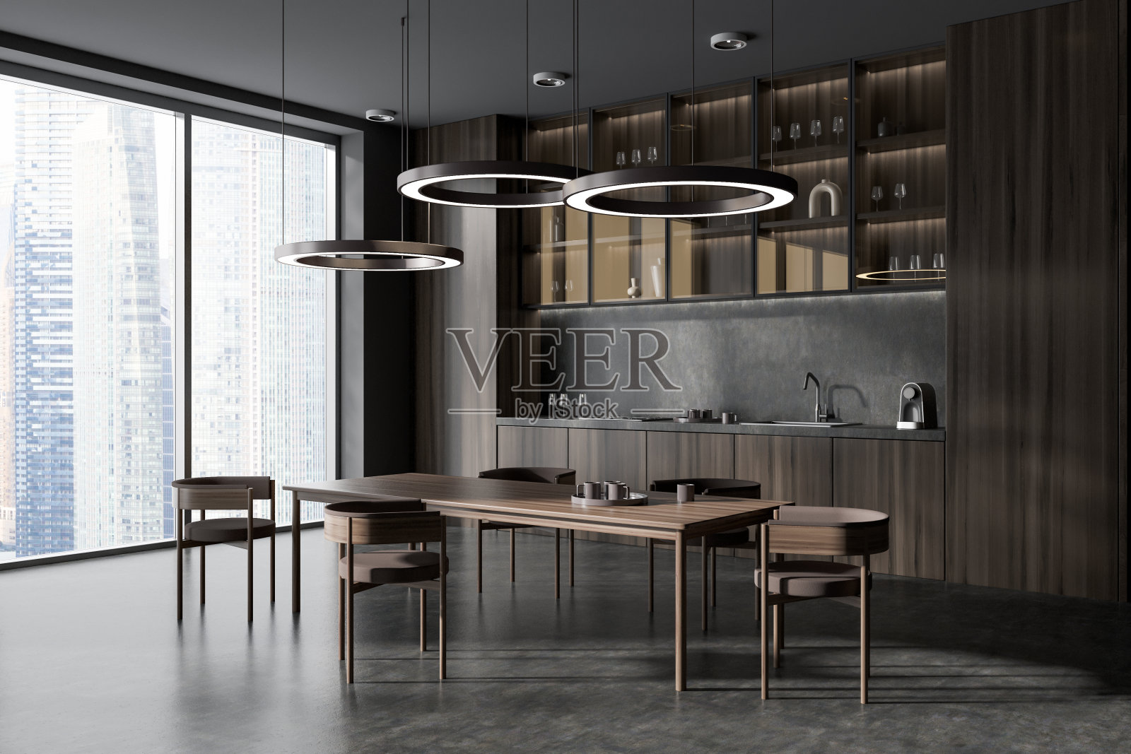 灰色的厨房内部配有餐桌和带全景窗的烹饪区照片摄影图片