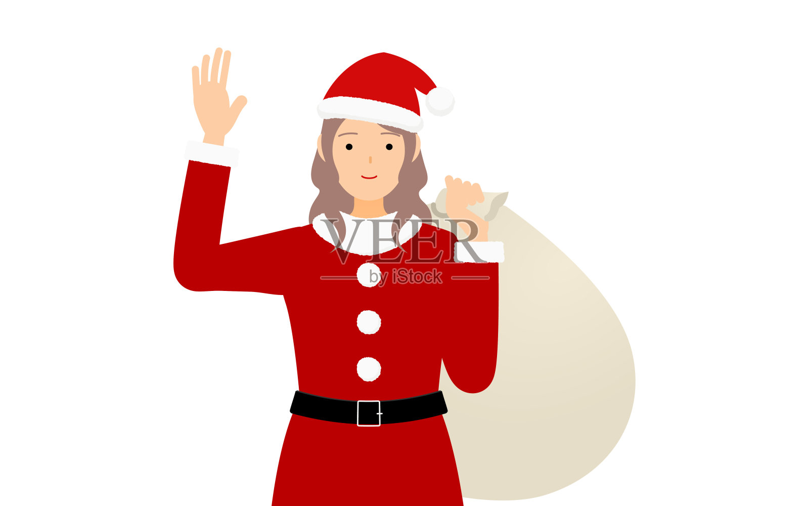 穿着圣诞老人的女人拿着礼物袋插画图片素材