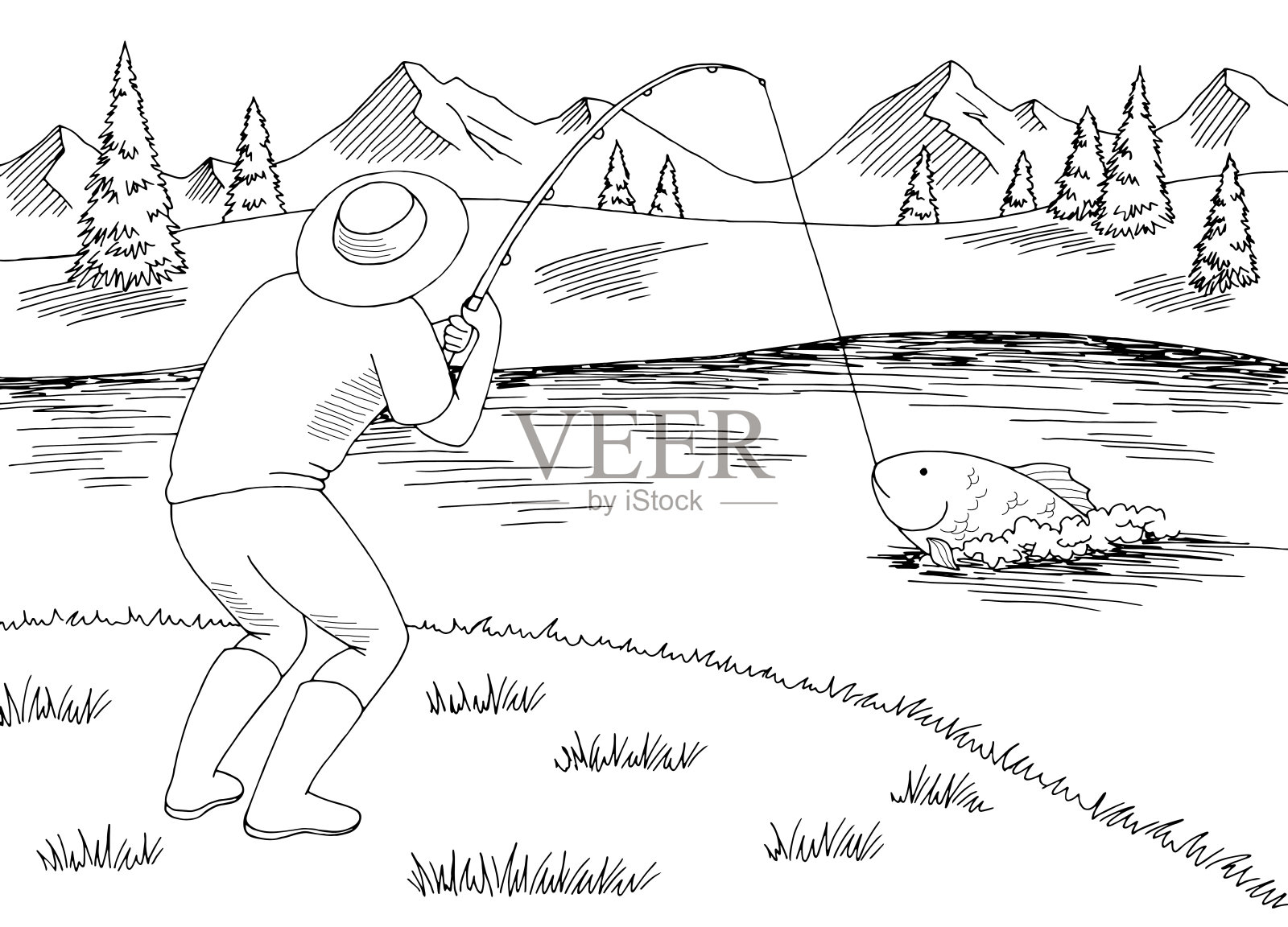 渔夫图形黑白景观素描插图矢量插画图片素材