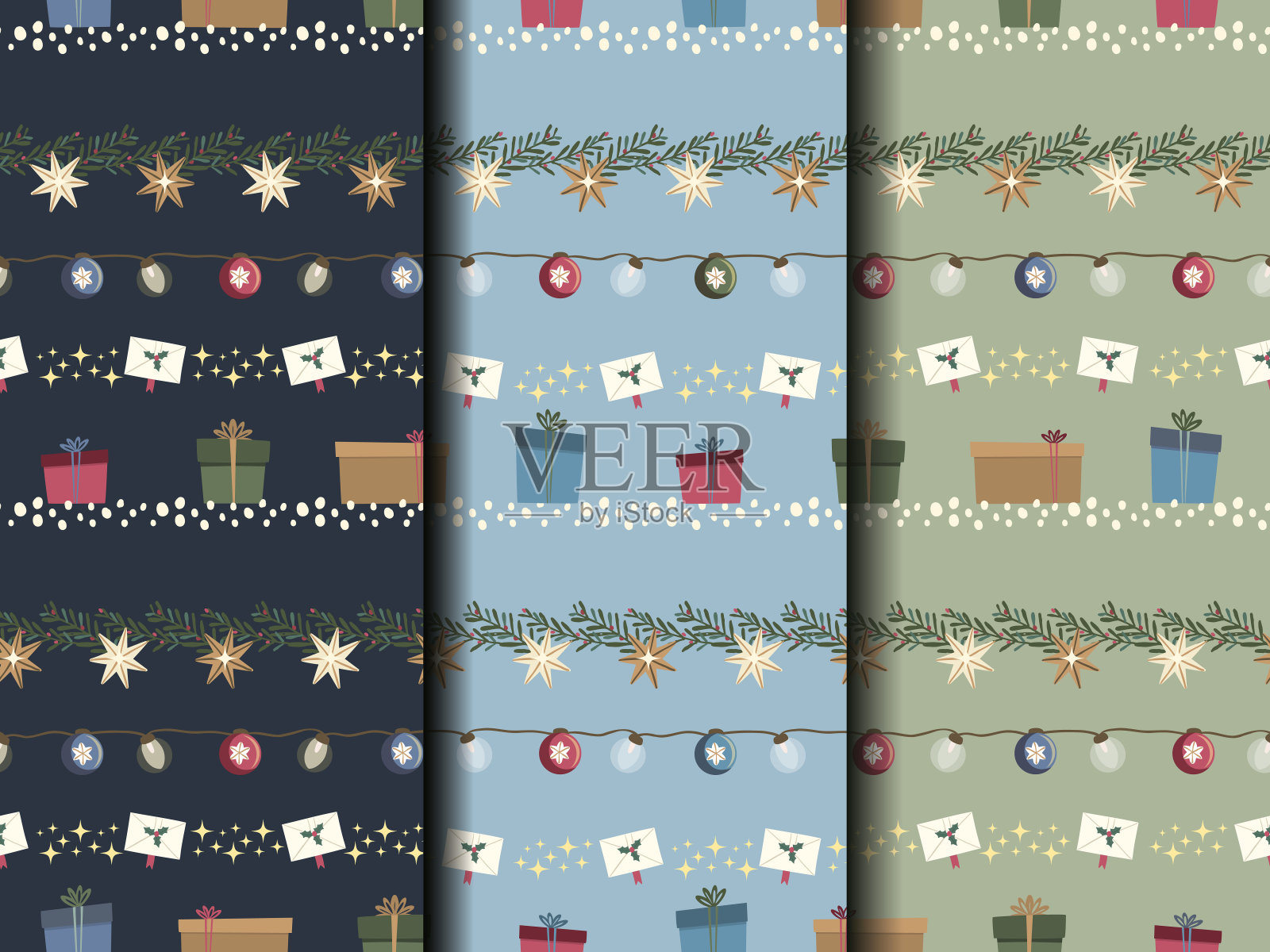 圣诞无缝模式设置的礼物和冬青插画图片素材