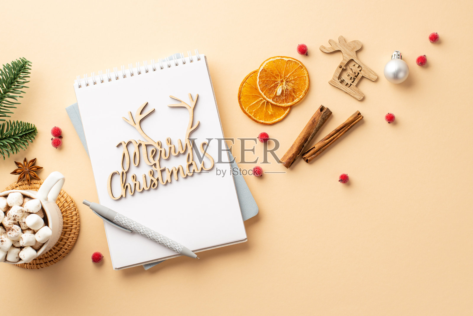 冬天的概念。顶视图照片小摆设鹿装饰记事本圣诞快乐木制文本杯可可与棉花糖松枝肉桂槲寄生干橙片在孤立的米色背景照片摄影图片