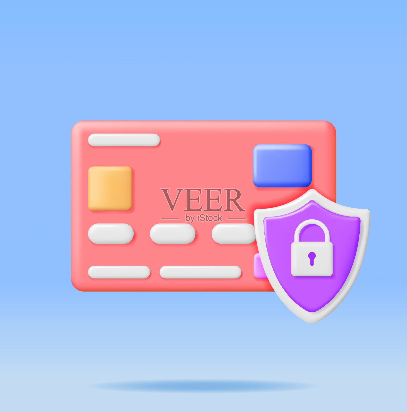 3D银行或信用卡与挂锁隔离插画图片素材