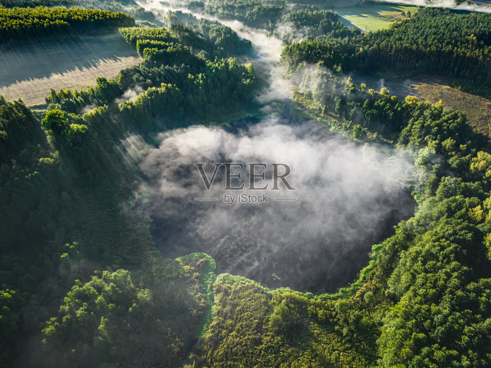秋日日出时雾蒙蒙的湖面鸟瞰图。照片摄影图片