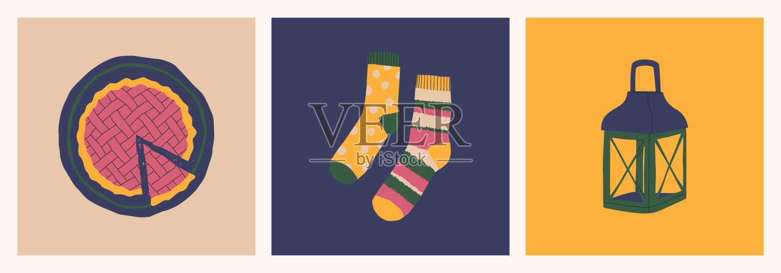 秋天的蛋糕,彩色的袜子,户外烛台。秋季设计元素套装。矢量平面孤立插图。插画图片素材