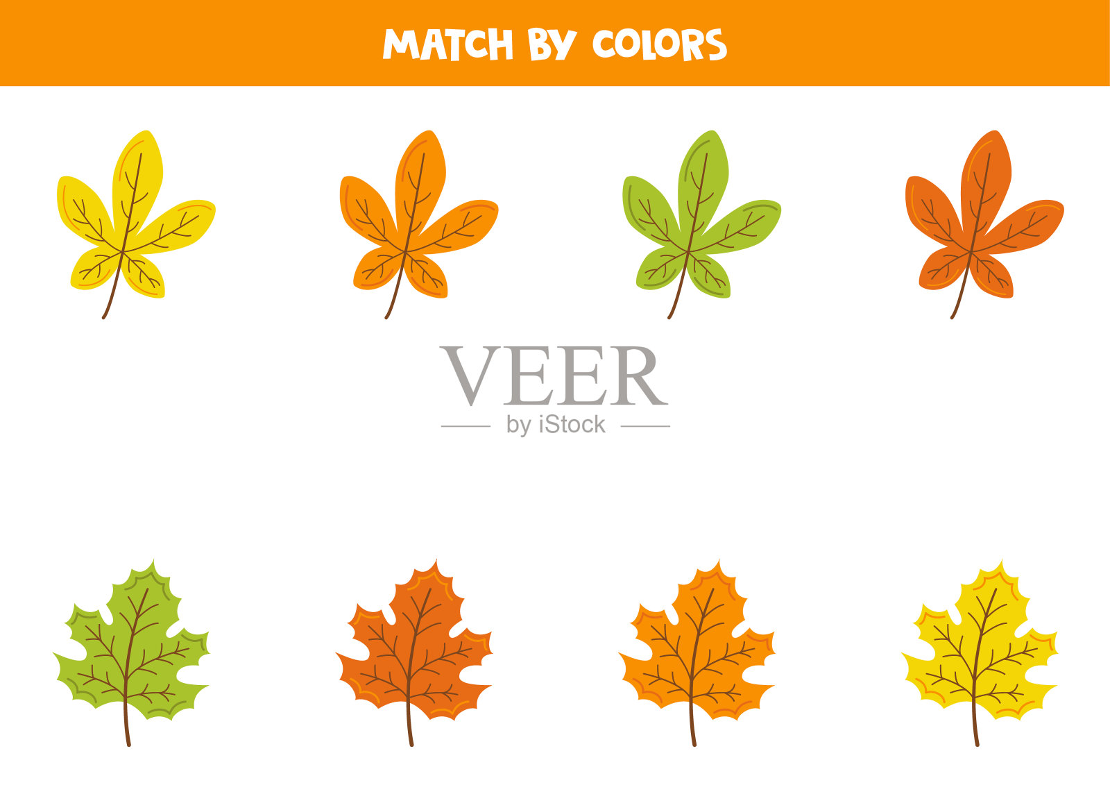 学龄前儿童配色游戏。用颜色搭配秋叶。插画图片素材