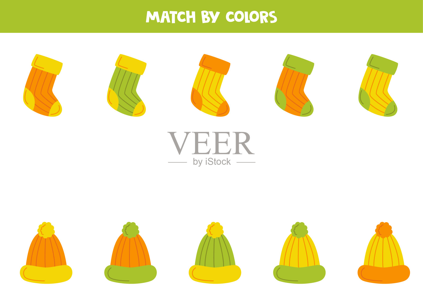 学龄前儿童配色游戏。根据颜色搭配袜子和帽子。插画图片素材