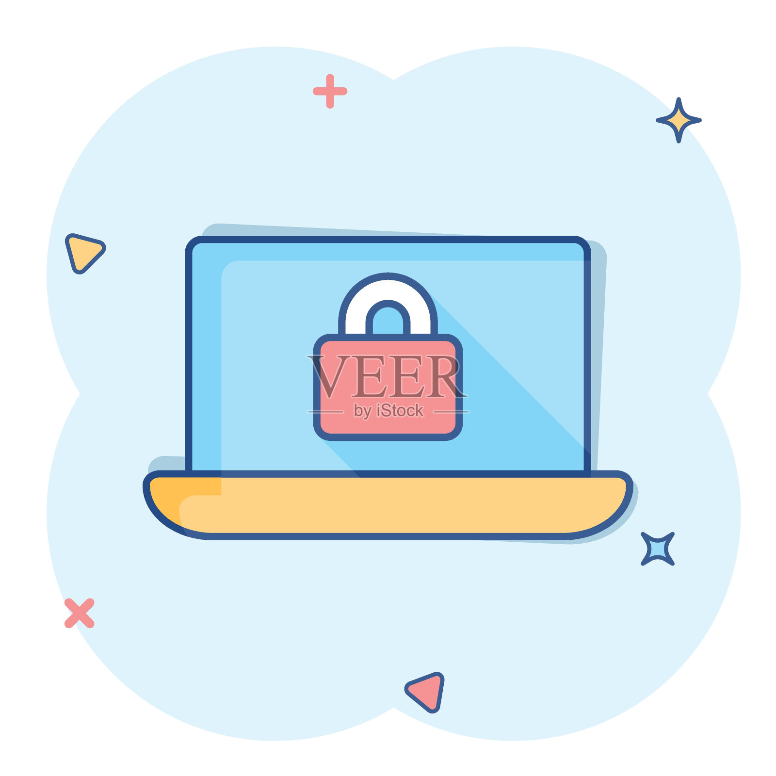 漫画风格的网络安全图标。挂锁锁定矢量卡通插图白色孤立的背景。笔记本商务概念飞溅效应。插画图片素材