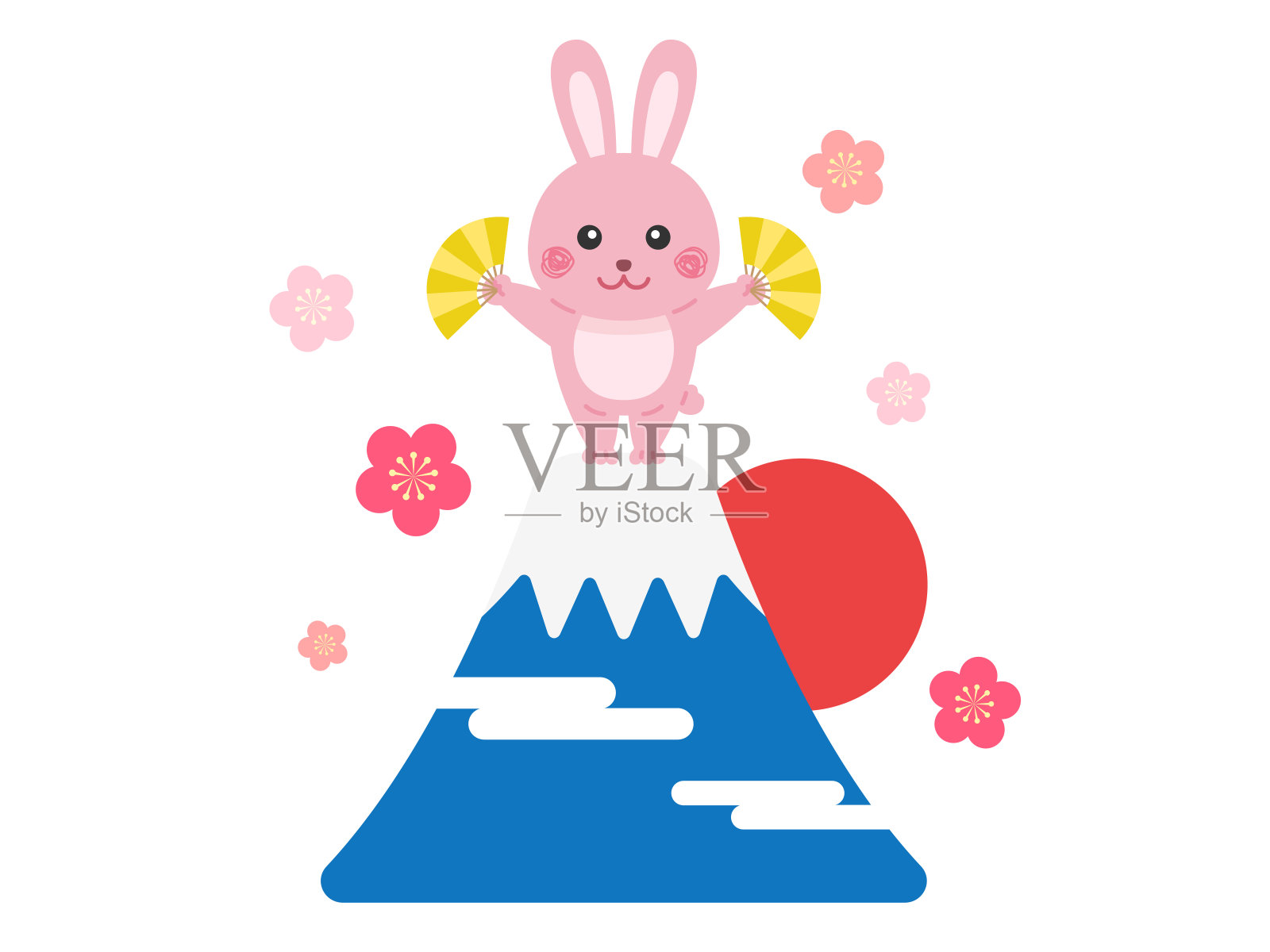 富士山山顶上一只兔子手拿折扇的插画。插画图片素材