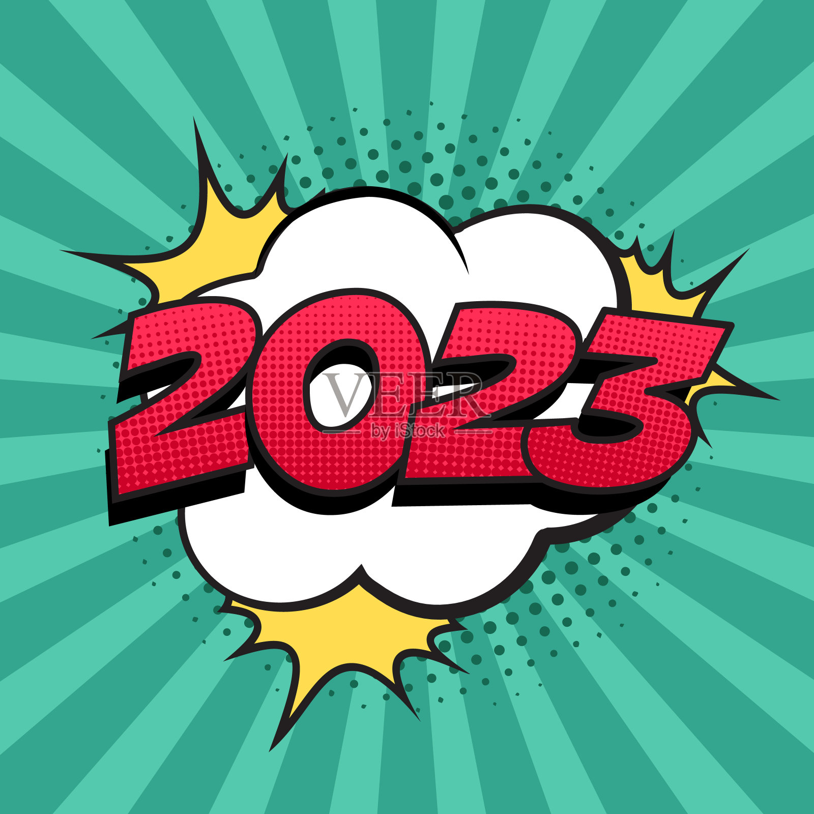 带有彩色半色调阴影的复古漫画演讲泡泡。2023号新年短信。插画图片素材