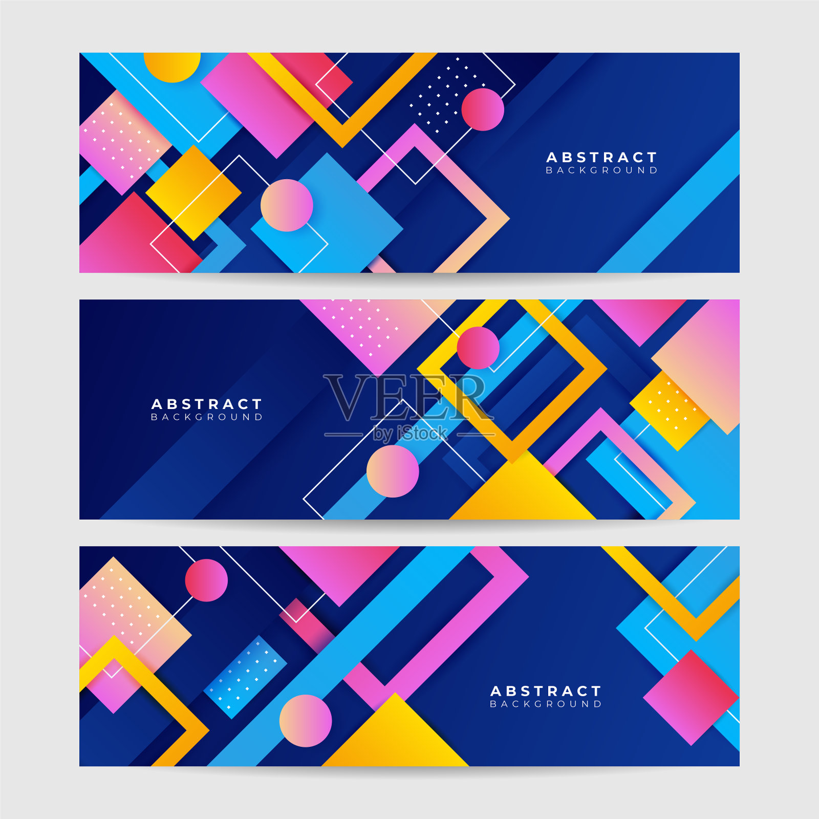 现代彩色抽象几何旗帜背景。科技旗帜设计与正方形,三角形,圆形和几何形状。矢量抽象图形设计横幅图案背景模板。插画图片素材