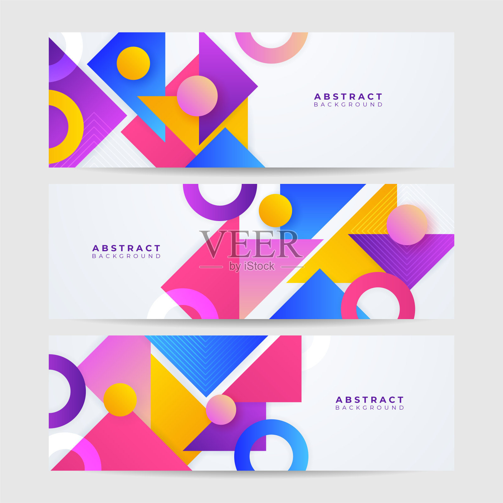 现代彩色抽象几何旗帜背景。科技旗帜设计与正方形,三角形,圆形和几何形状。矢量抽象图形设计横幅图案背景模板。插画图片素材