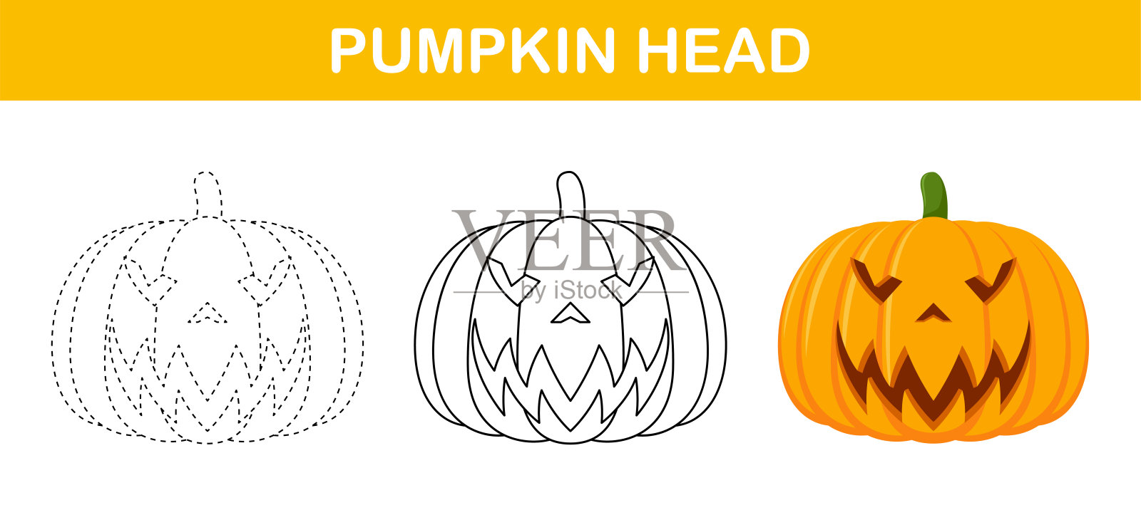 万圣节南瓜绘制和着色儿童工作表插画图片素材