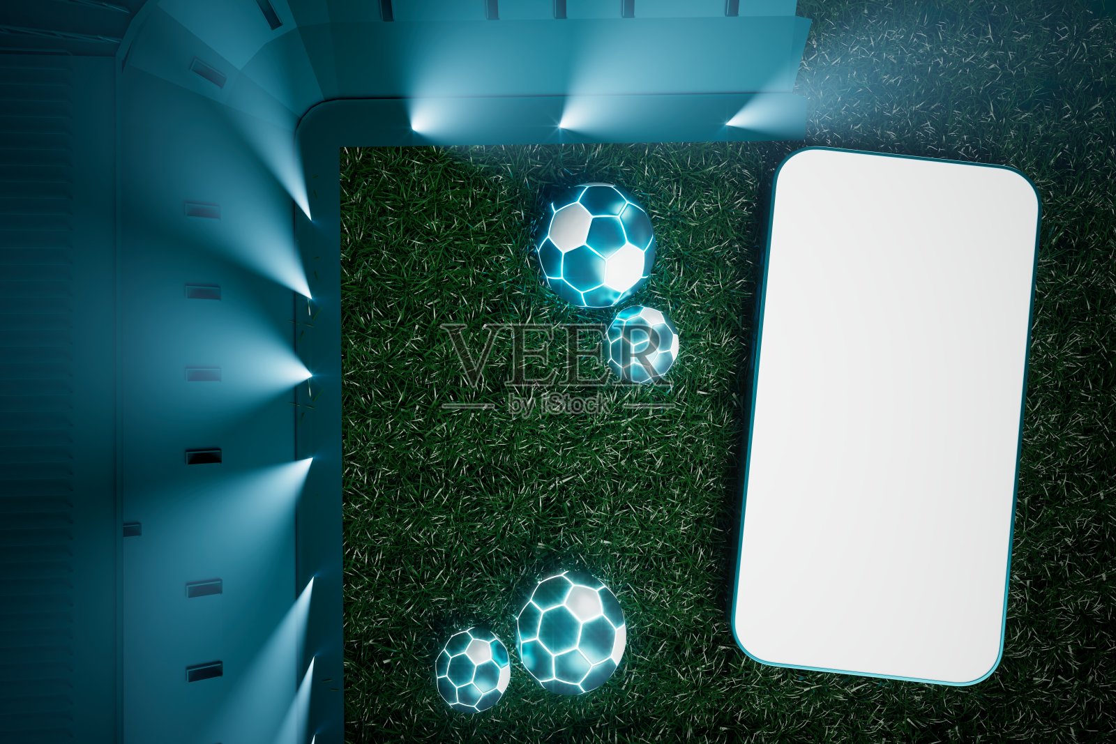 足球球对象、运动球设计、足球元素概念、3d插画、抽象足球技术、智能手机移动屏幕、绿色草地、在线体育直播、赌场体育业务插画图片素材