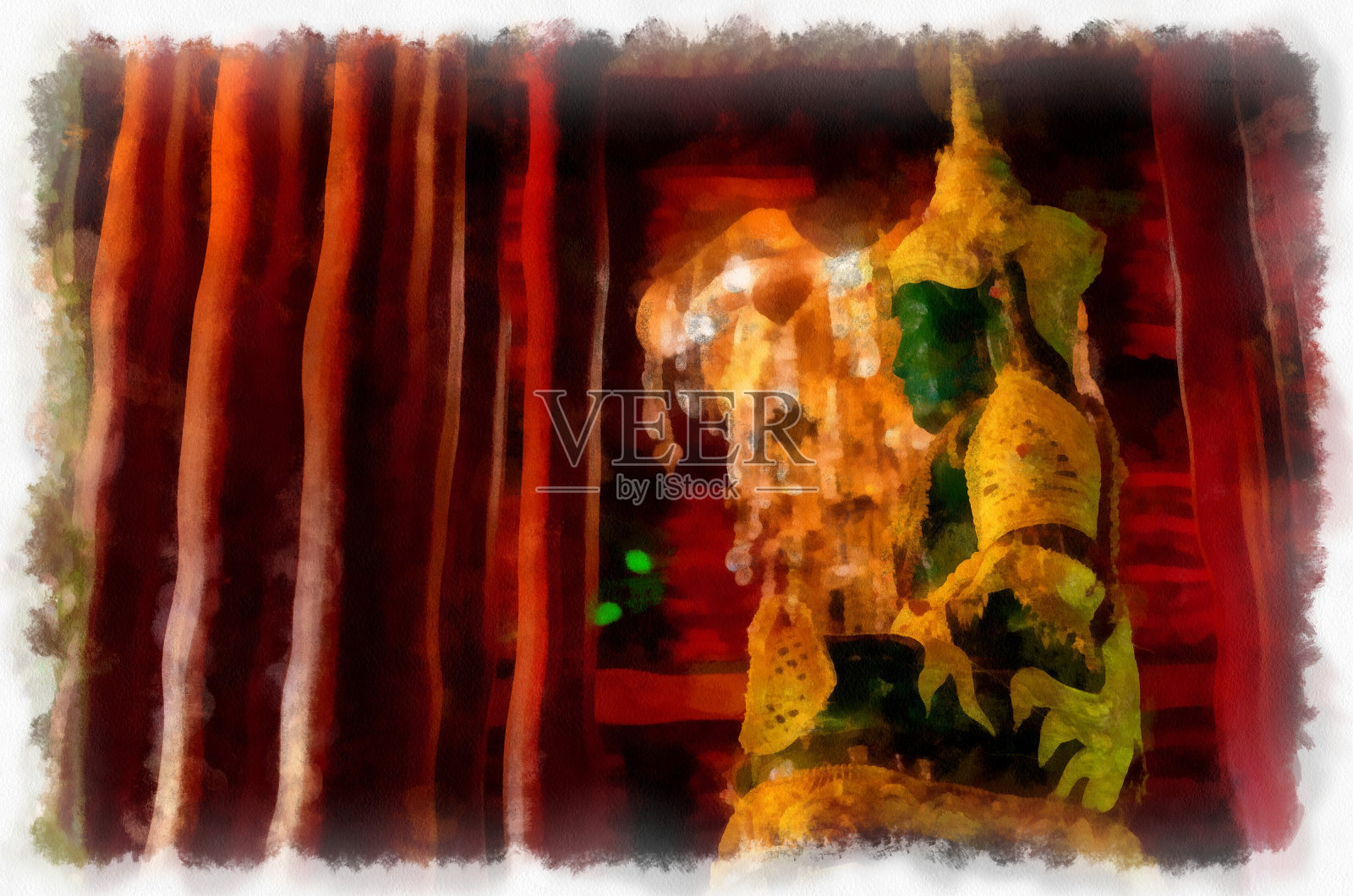 泰国北部古代寺庙的建筑景观和古代艺术。插图。印象派水彩画。插画图片素材