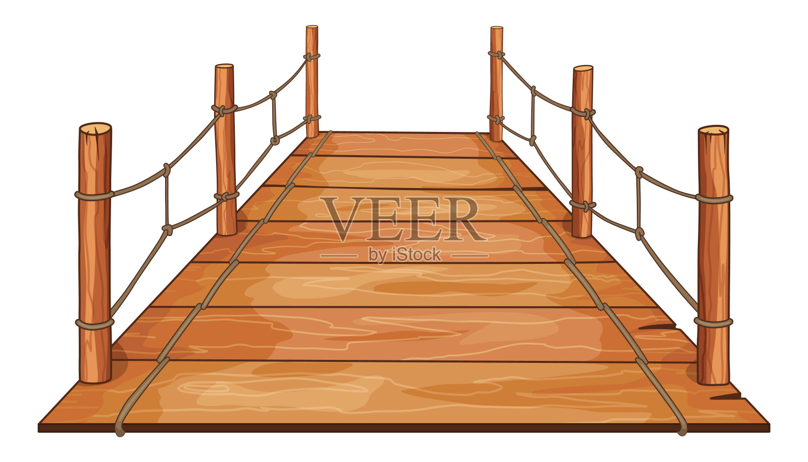 木桥,两侧附有绳索扶手。平面设计中的等距集图标。矢量图插画图片素材