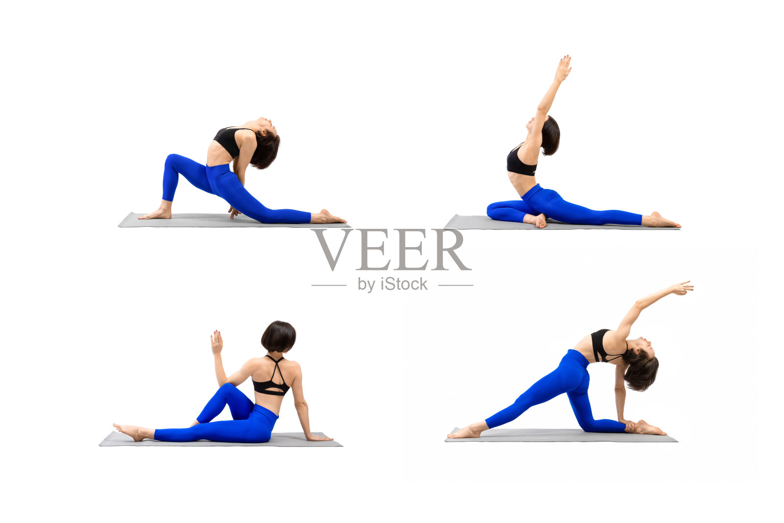 一套瑜伽体式。有吸引力的30岁白人妇女与理发练习4 pose,平衡和背部伸展,拼贴,孤立的白色。照片摄影图片