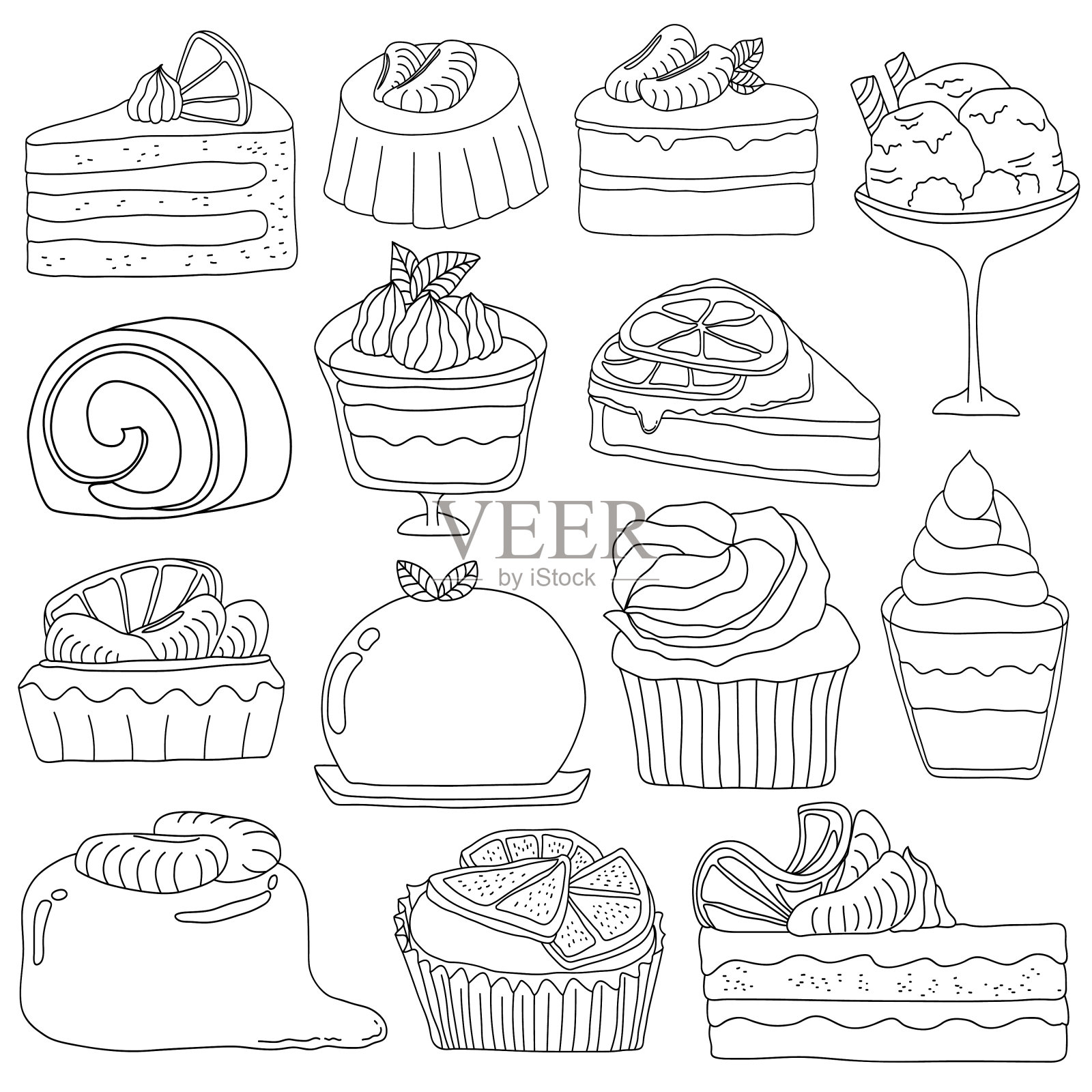 手绘的白色背景涂鸦艺术风格的橘子水果甜点插画图片素材