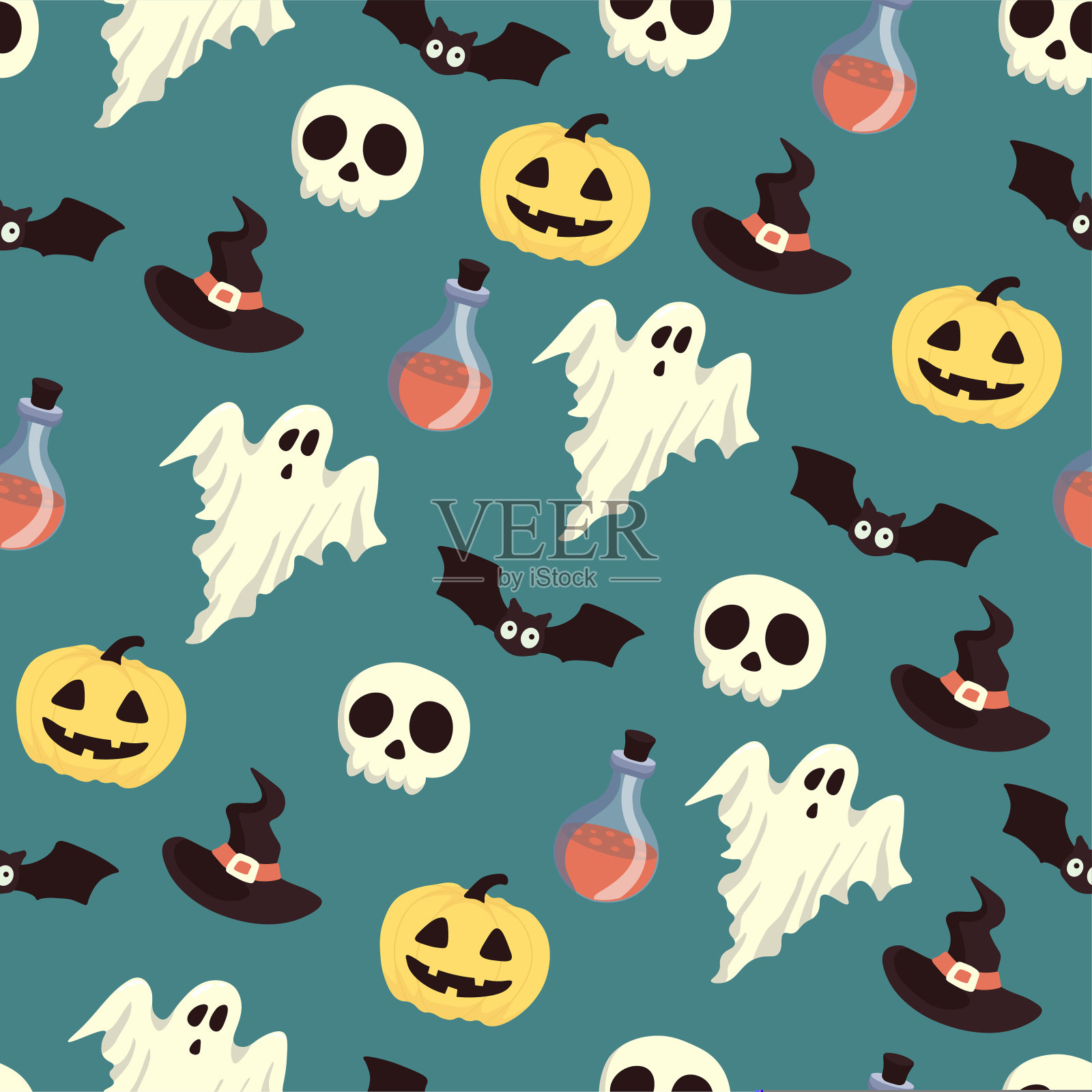 矢量万圣节图案与鬼,蝙蝠,头骨,万圣节南瓜,女巫帽子,药水烧瓶。用于活动邀请、折扣券、广告、贺卡、标志、包装、纺织品、网页。插画图片素材