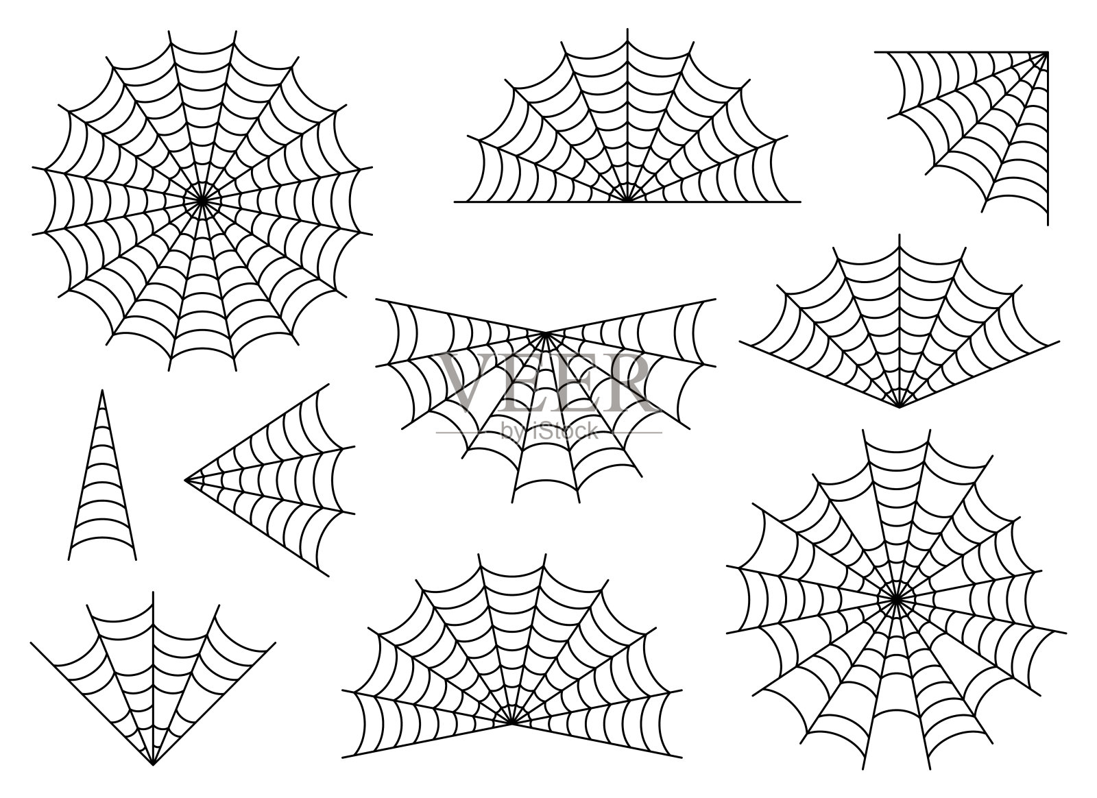 蜘蛛网图标设置隔离在白色。黑色万圣节蜘蛛网矢量插图插画图片素材