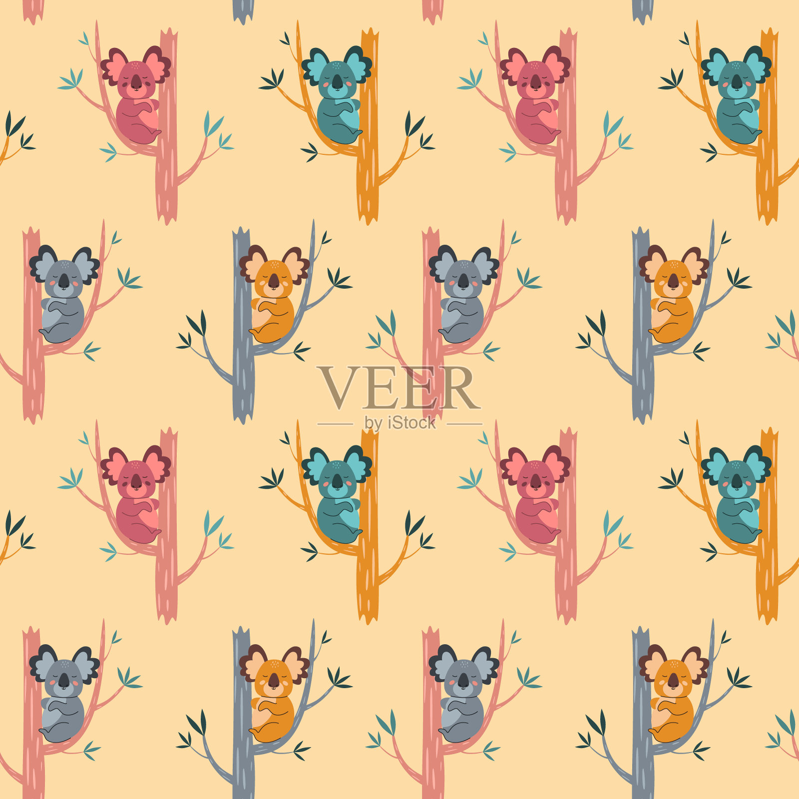 无缝模式与可爱的考拉睡在树枝上,为婴儿衣服和墙纸的打印,矢量,卡通插画。插画图片素材