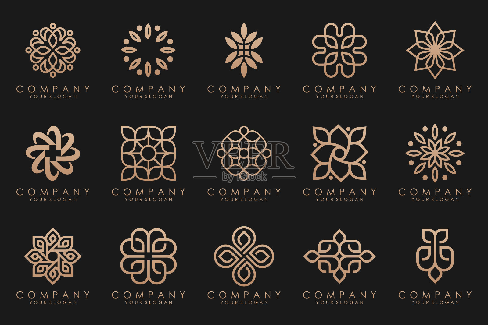 花卉装饰标志图标集。抽象美人花或曼荼罗标志设计集合。设计元素图片